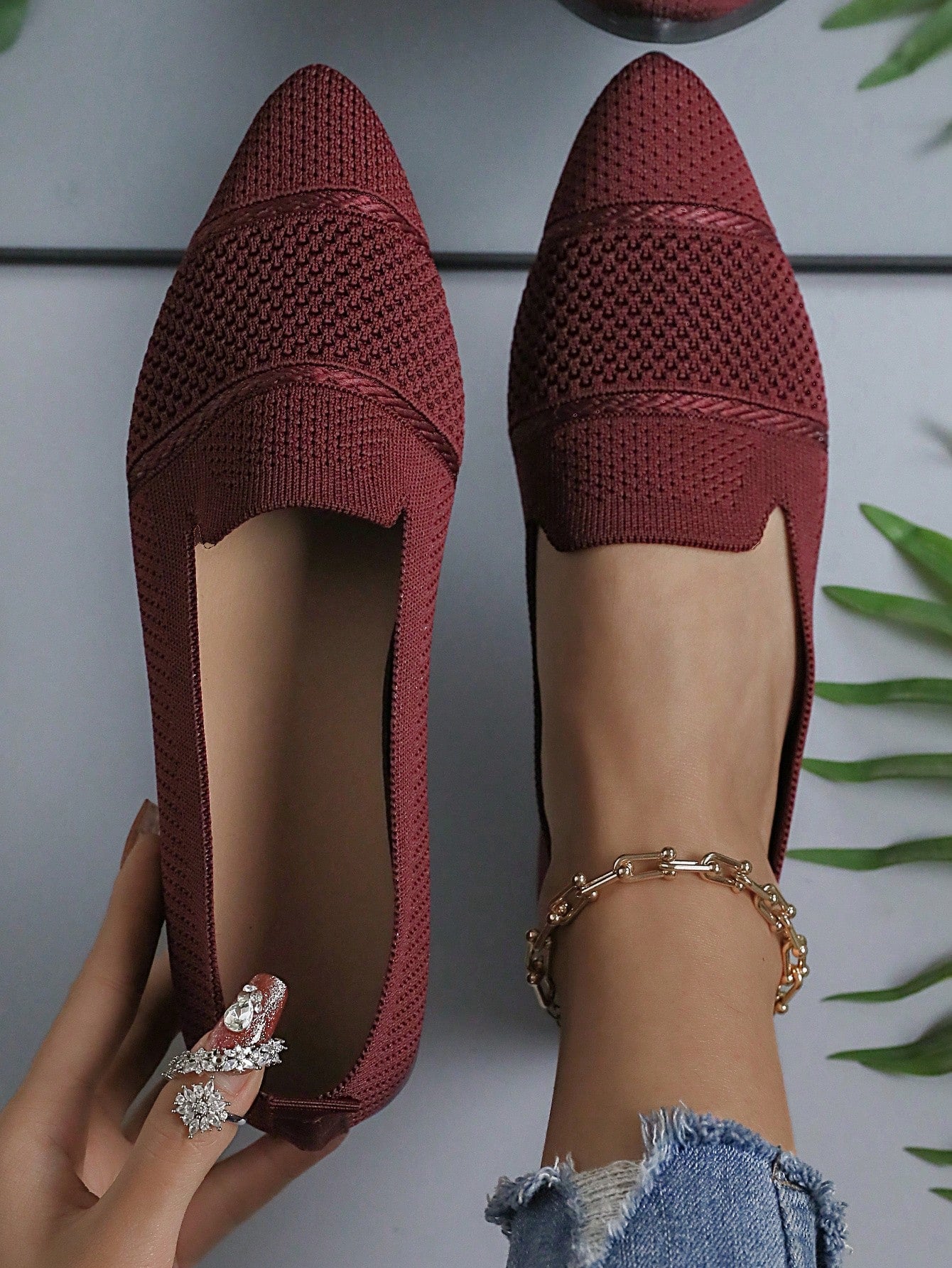 Woven Women Flat Shoes Solid Color Breathable Knit Flat Shoes, Elegant Square Toe Dress Shoes, Lightweight Slip-On Shoes