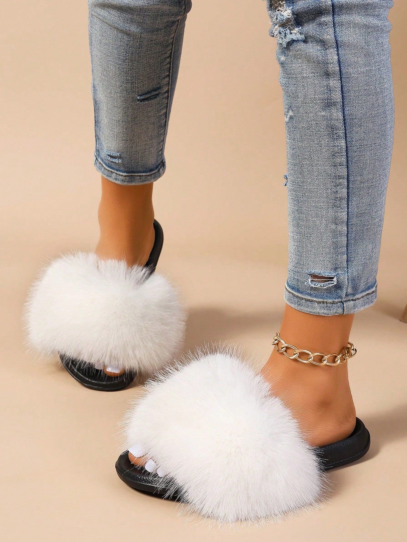 Women Summer Faux Fur Resistant Fluffy Outdoor Flat Sandals Casual Office Home Slippers