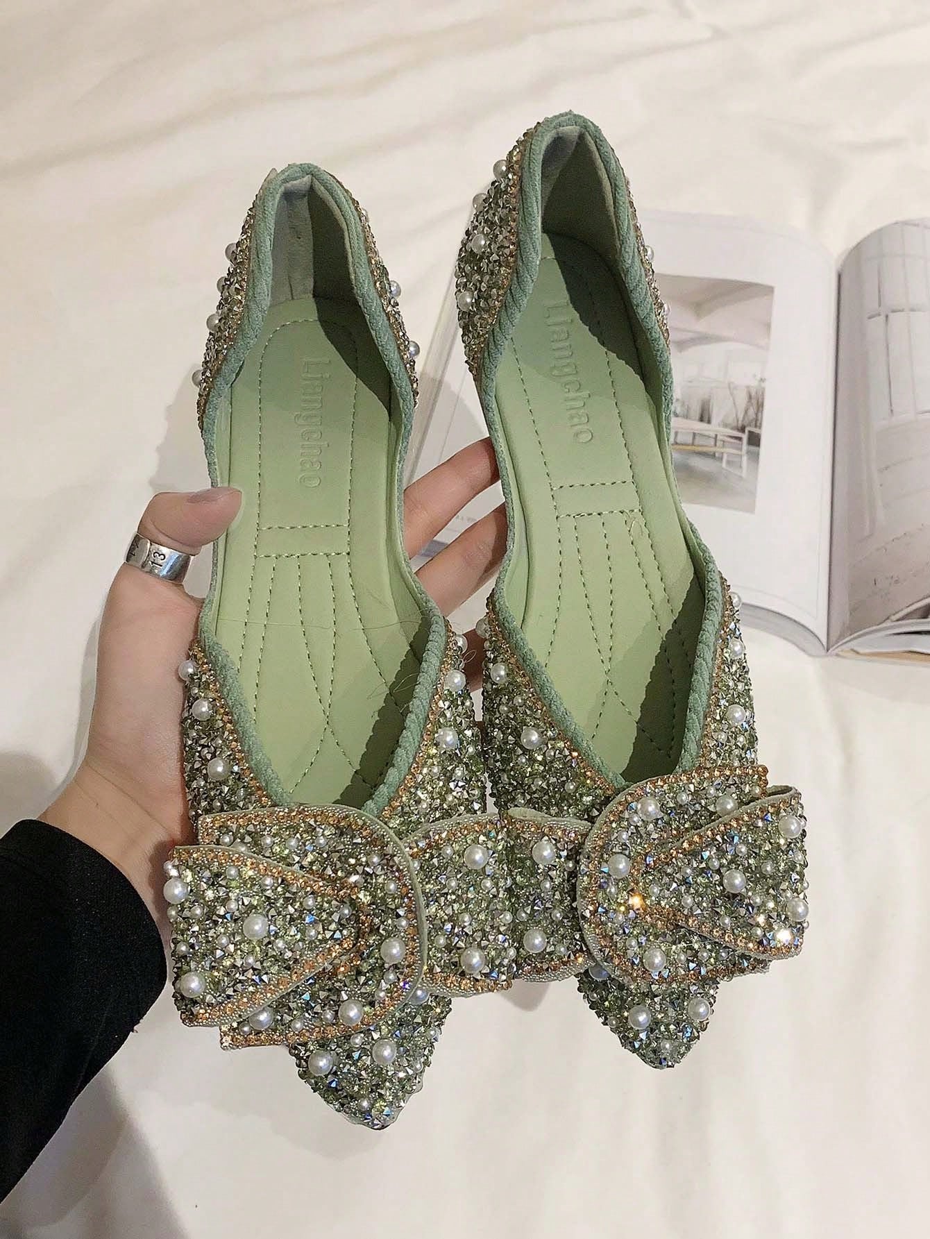 Spring Pointed Toe Flat Slip-On Shoe With Diamond Decor For Women - Skidproof & Wearable