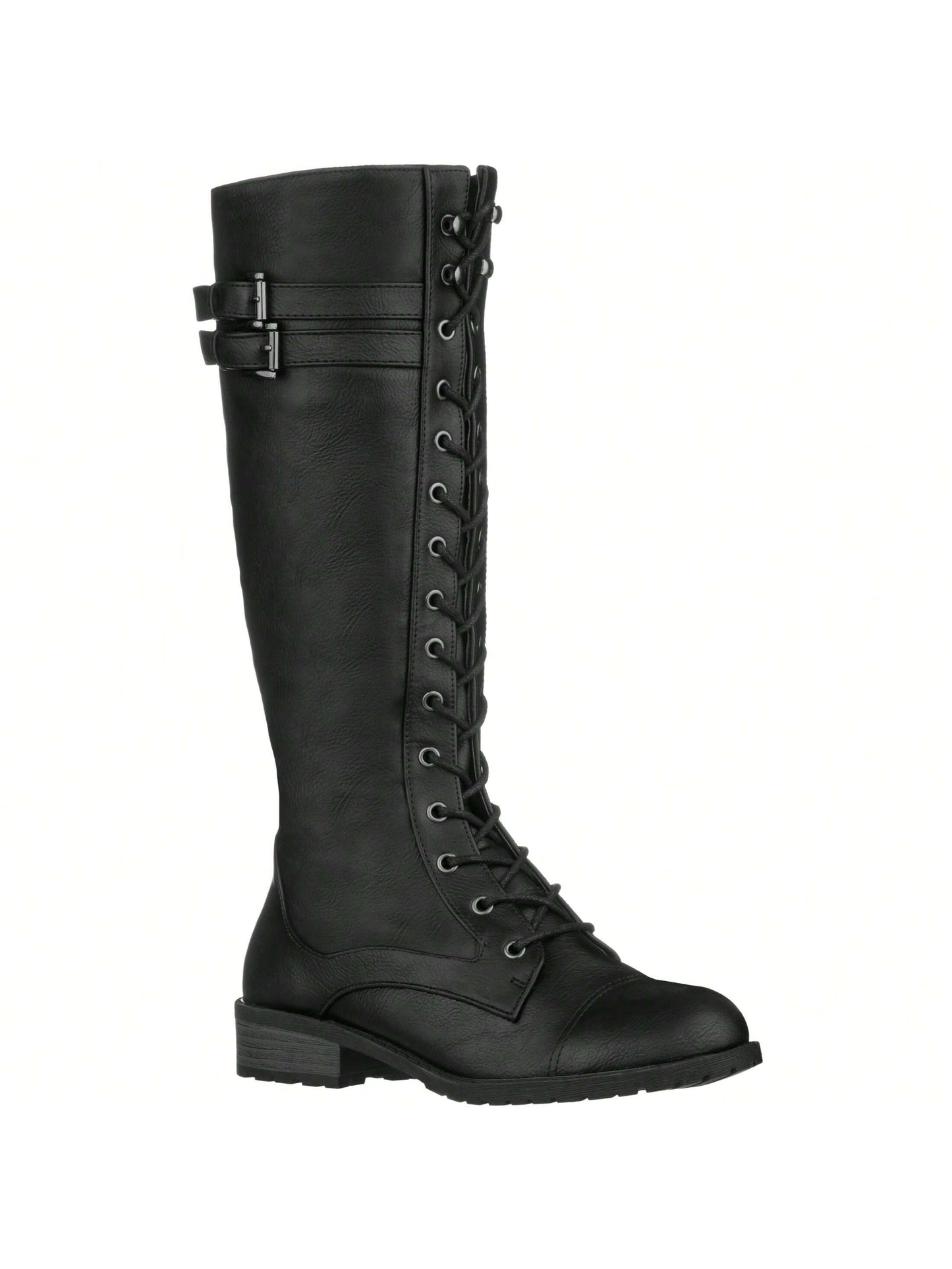 Women's Knee High Riding Boot Lace Up Boot Fashionable Buckle Wide Calf Knee High Combat Boot