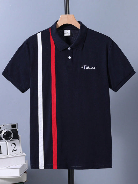 Teen Boys' Fashionable Casual Striped Polo Shirt, Collar & Hem In Contrast Color, With Letter Print