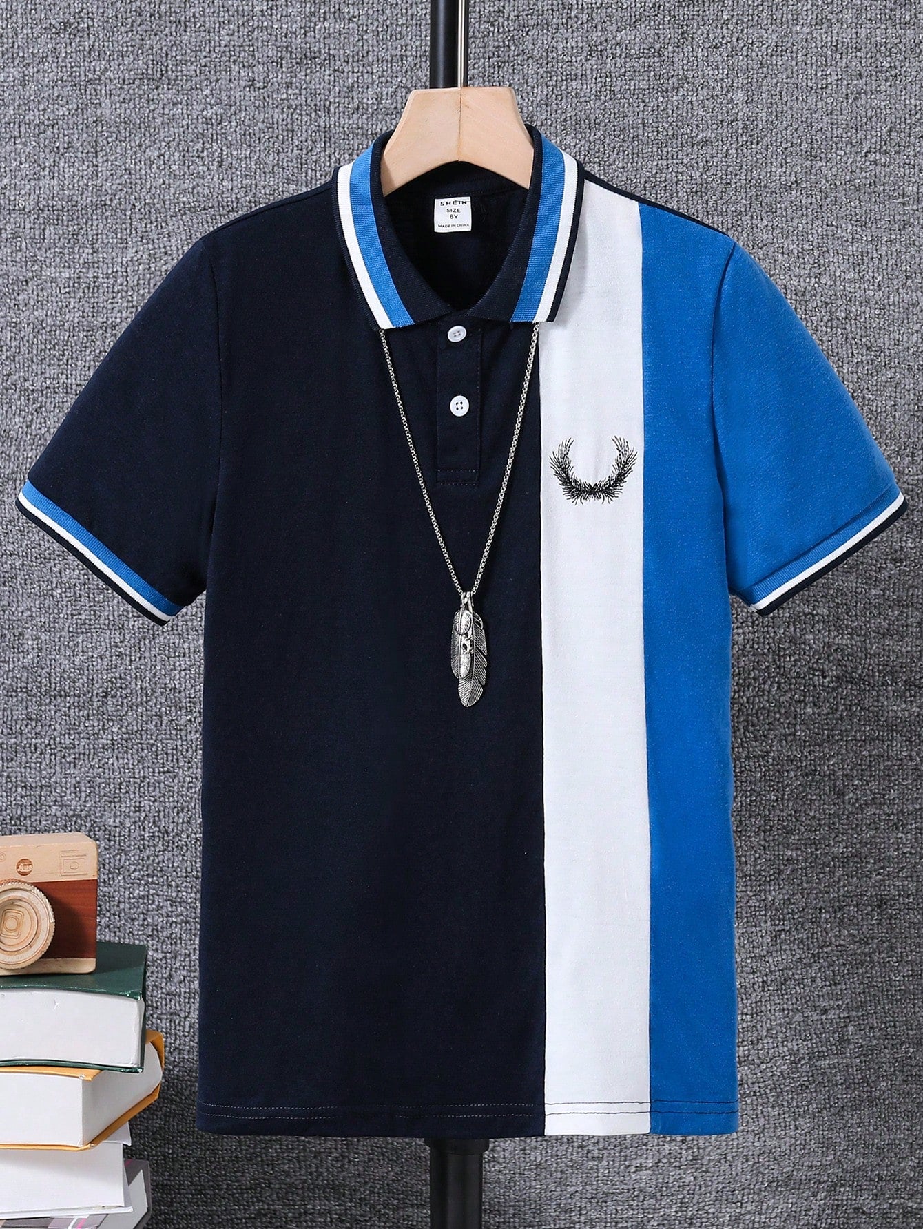 Tween Boy Short Sleeve Retro College Style Embroidered Logo Polo Shirt With Turn-Down Collar, Daily Casual Wear