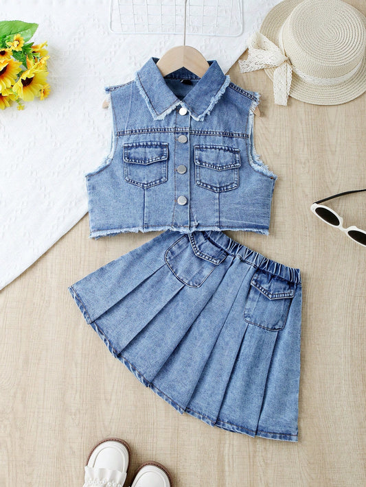 Tween Girls' Basic Casual Mid-Blue Denim Vest With Frayed Hem & Elastic Waist Pleated Denim Skirt Set