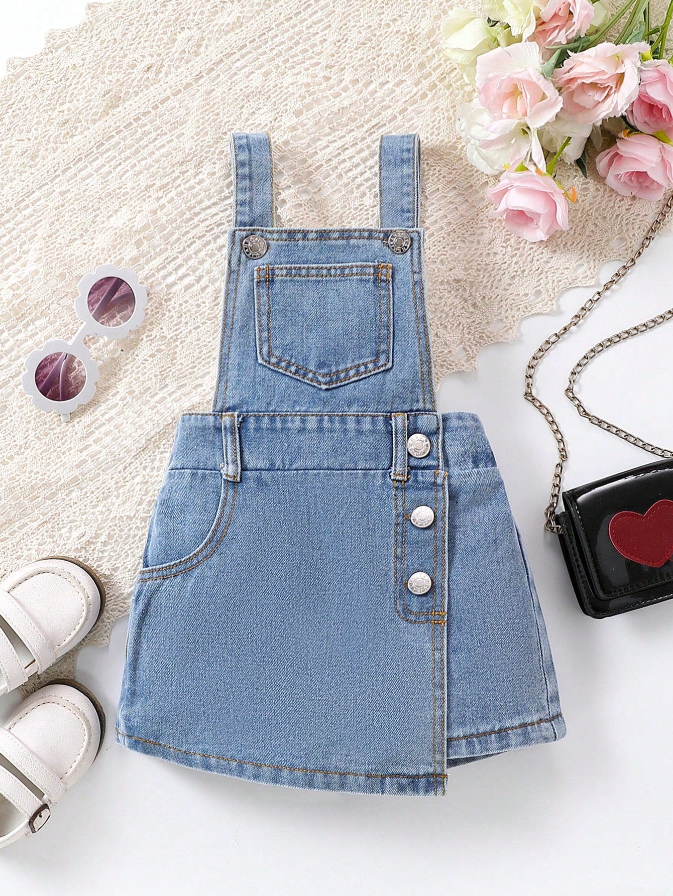 Young Girl Asymmetrical Hem Denim Overall Romper