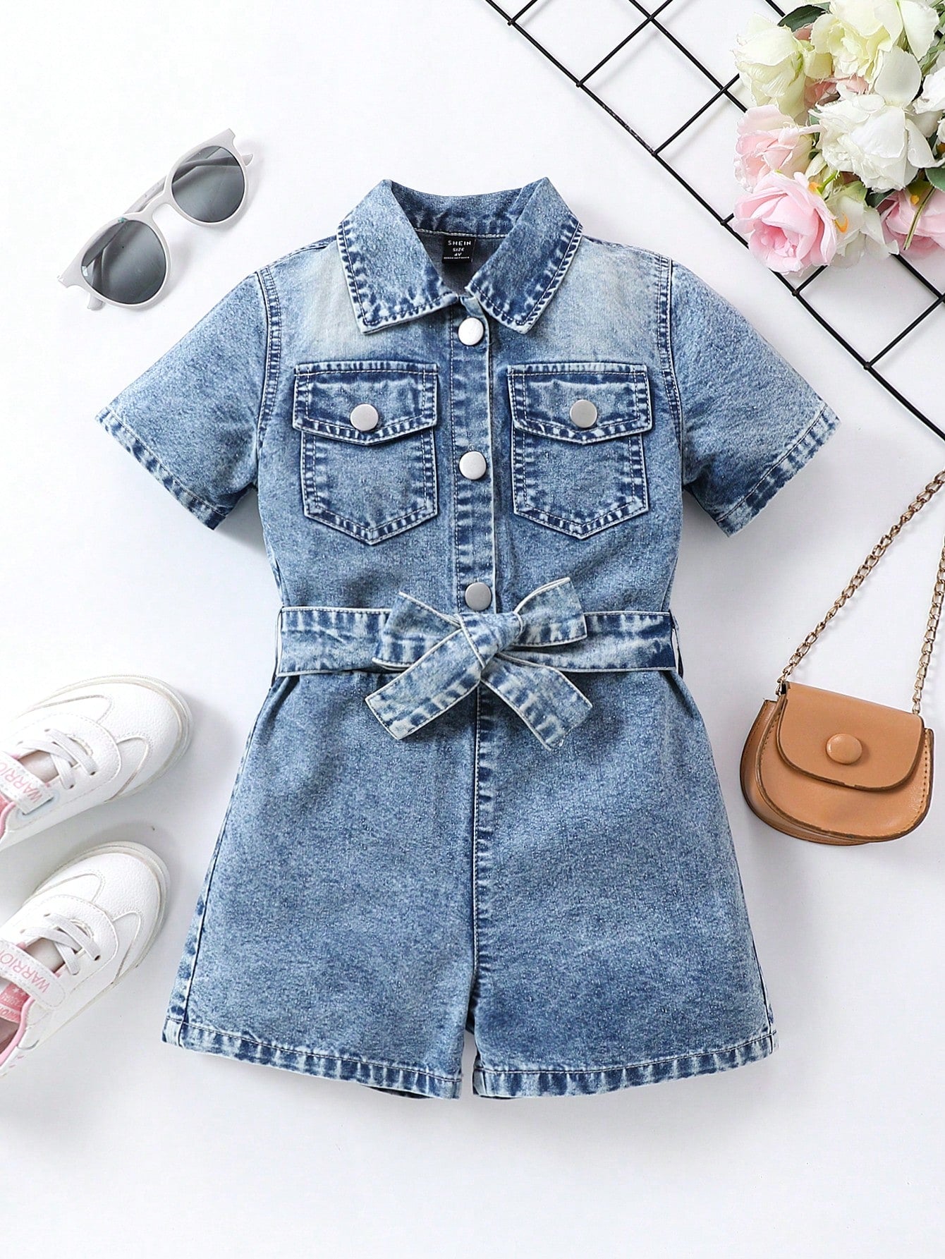 Kids Young Girls' Denim Romper With Shirt Collar And Short Sleeves