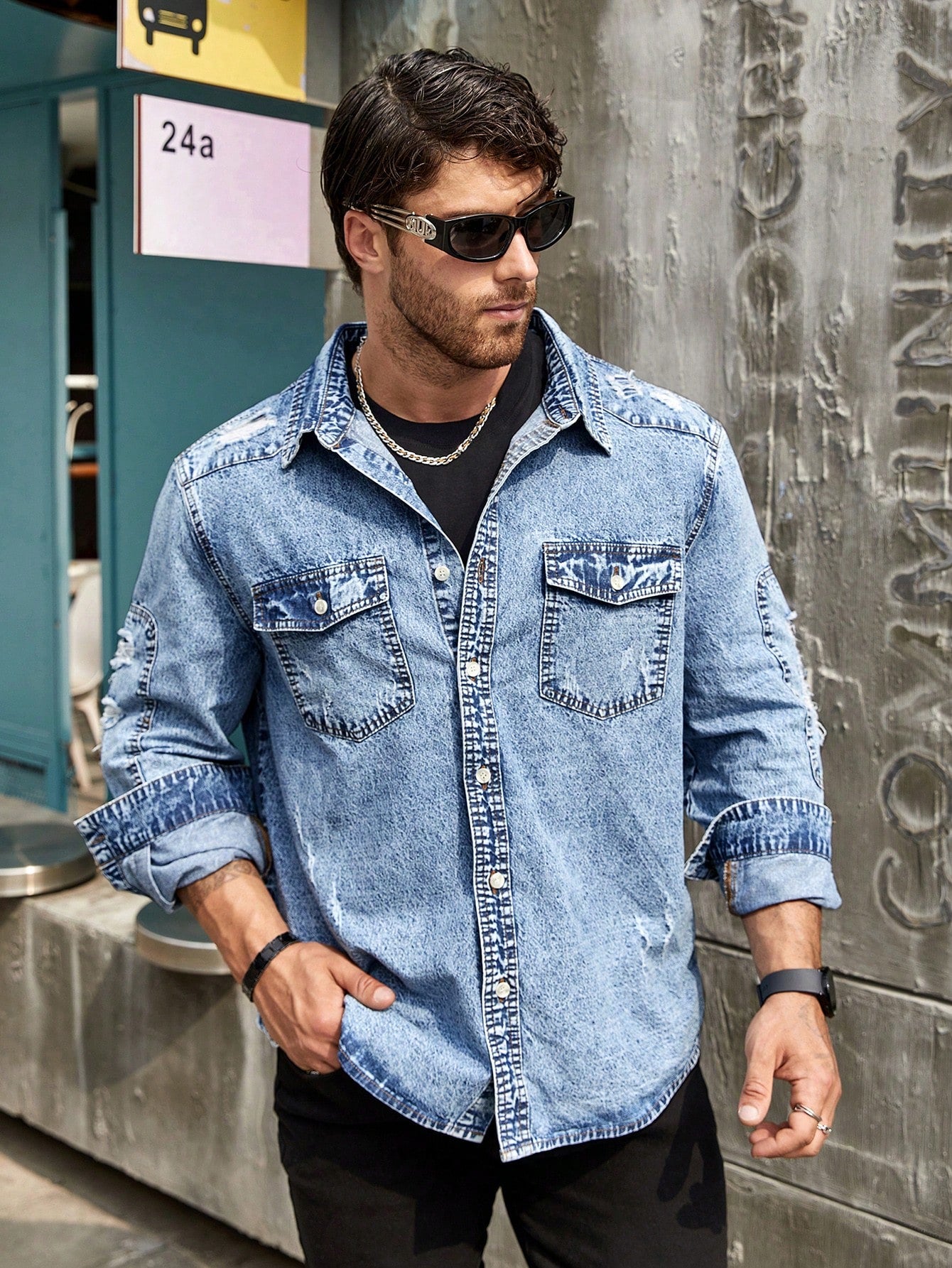 Men's Plus Size Button-Front Long Sleeve Denim Shirt With Pocket