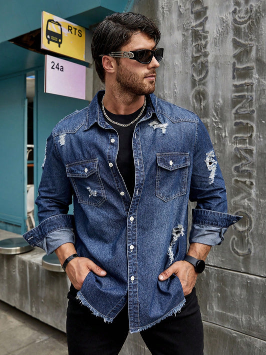 Men's Plus Size Distressed Denim Shirt With Frayed Hem