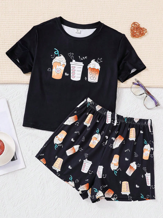 Teen Girls' Knitted Coffee Milk Tea Print T-Shirt And Shorts Casual Homewear Pajamas