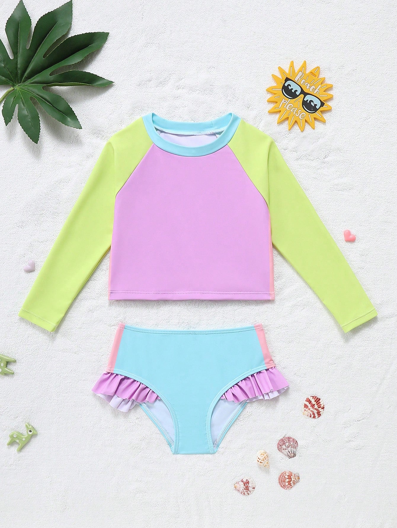 Young Girl Color Block Shoulder Raglan Long Sleeve Top And Ruffle Trim Triangle Bottom Tankini Set