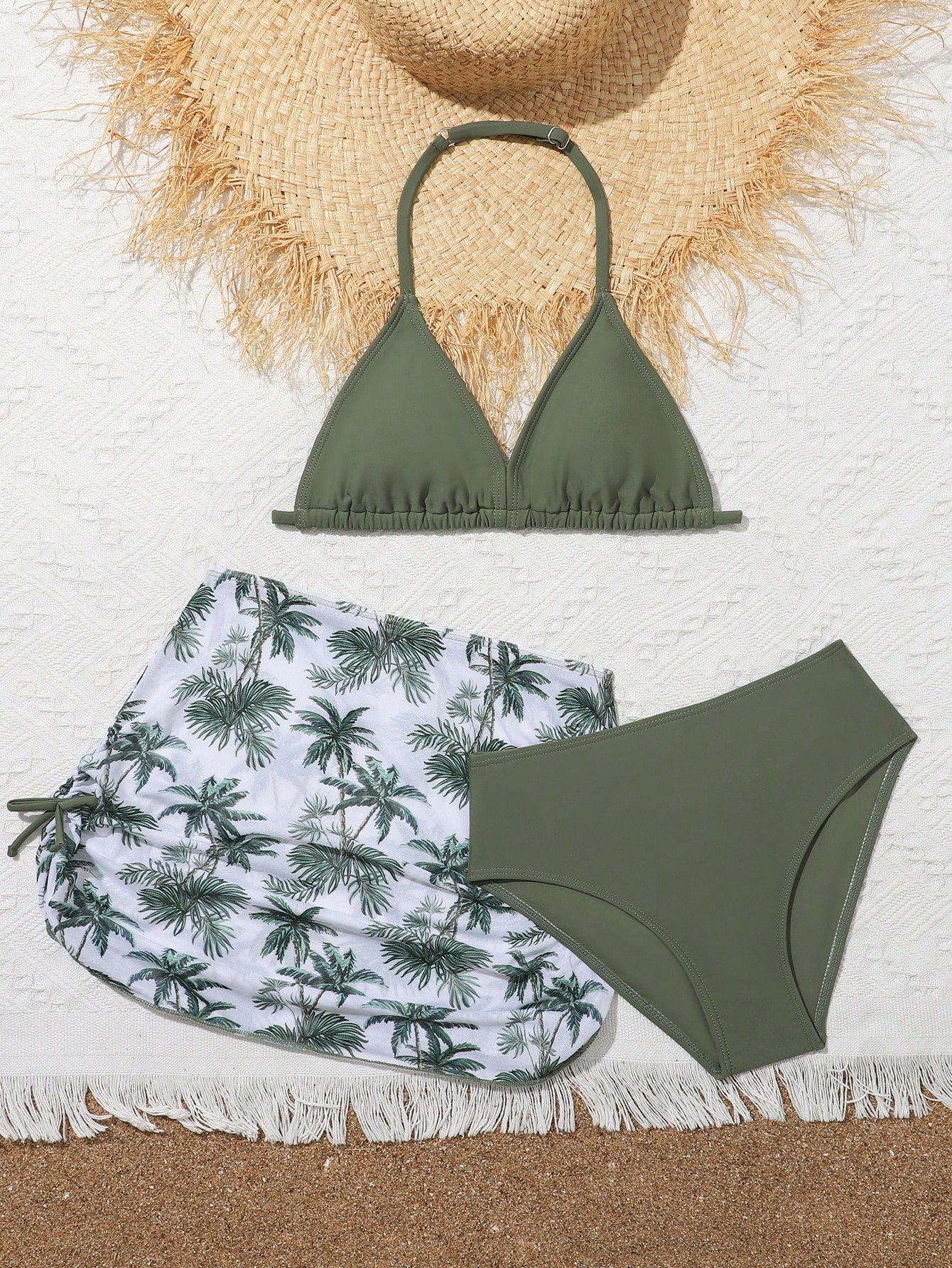 Tween Girls' Palm Tree Pattern Cover Up With Solid Color Bikini Set