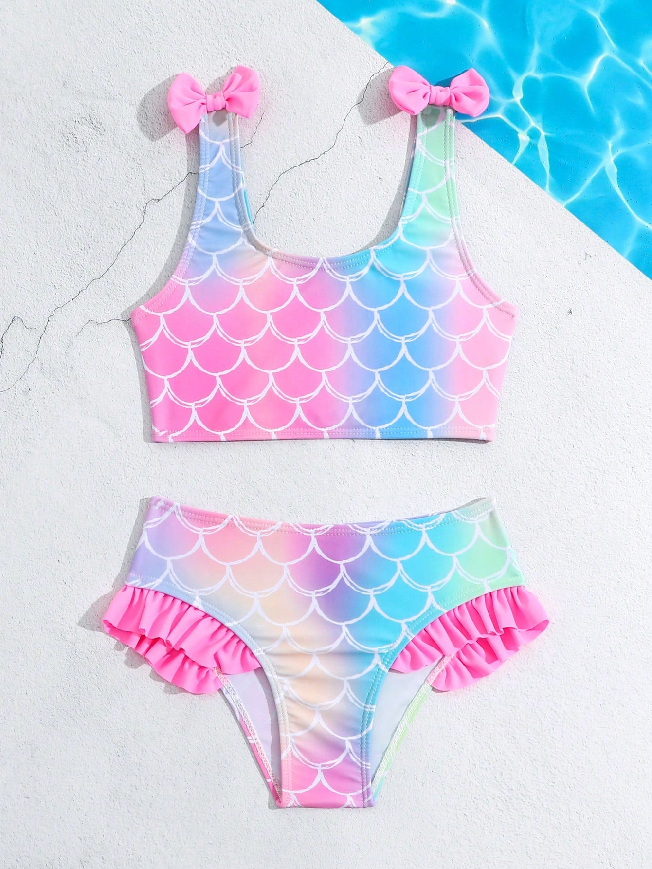 Young Girls' Swimwear Set, Mermaid Fish Scale Design Bowknot Bikini