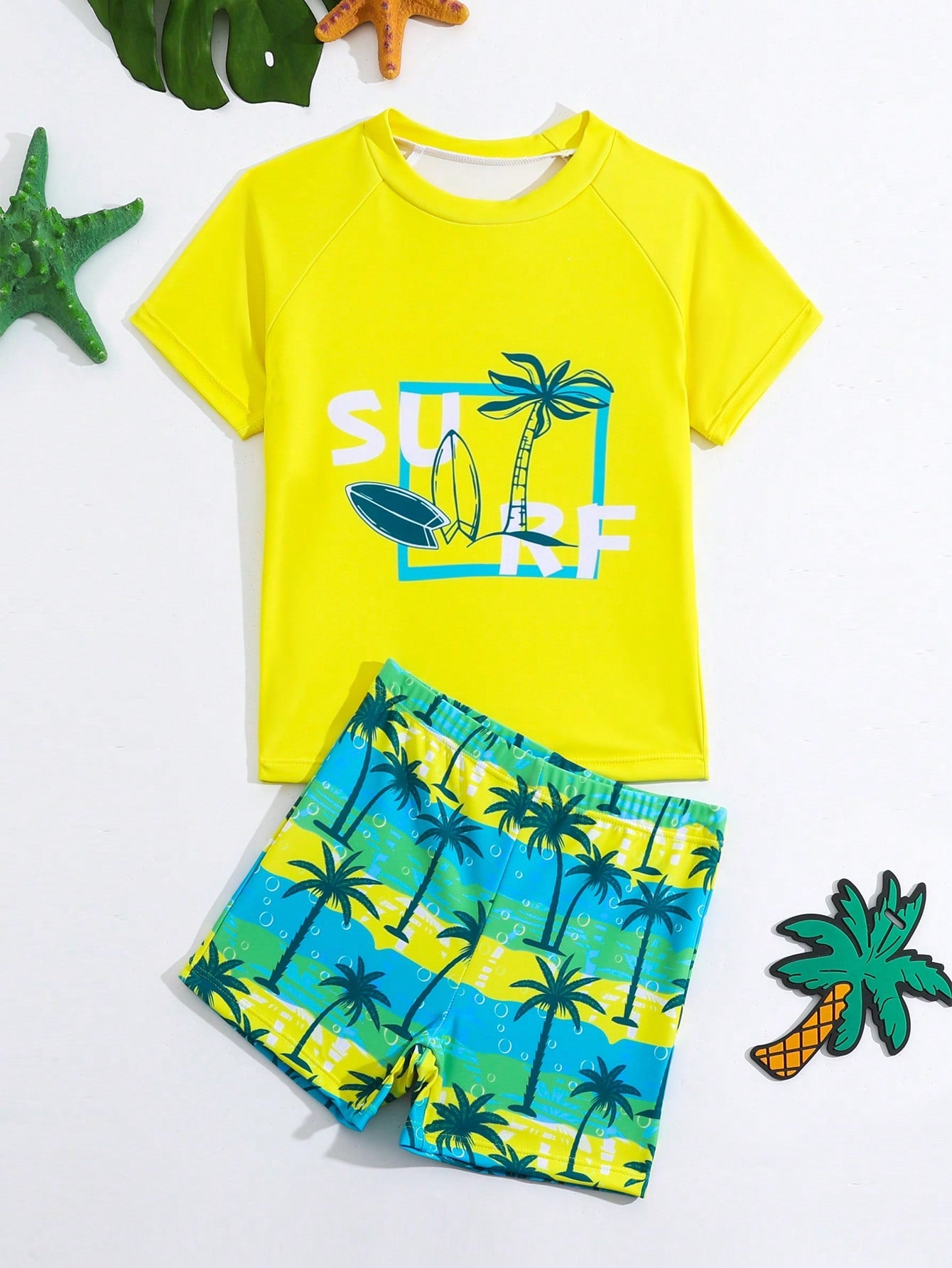 Young Boy's Coconut Pattern Printed Raglan Short Sleeve Top And Shorts Swimsuit Set