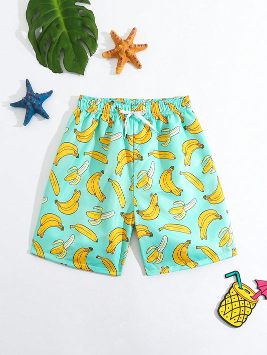 Tween Boys' Swim Trunks, Banana Pattern Print, Woven Fabric, Beach Shorts