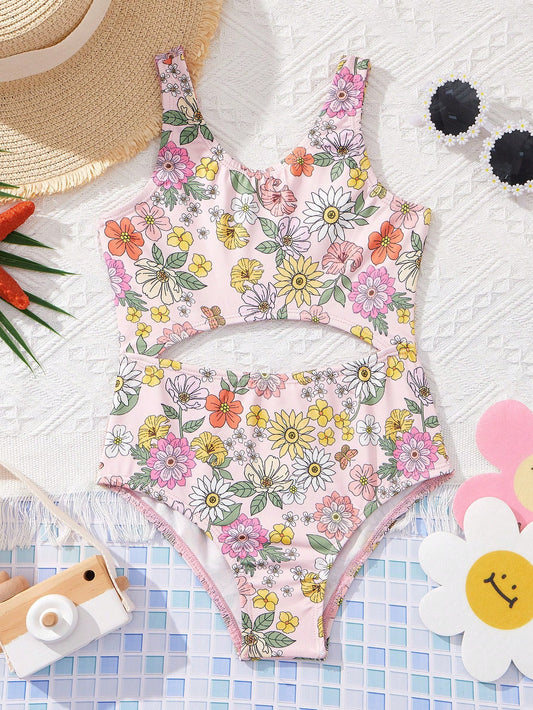 Young Girl's Knitted Flower Print One-Piece Swimsuit For Vacation