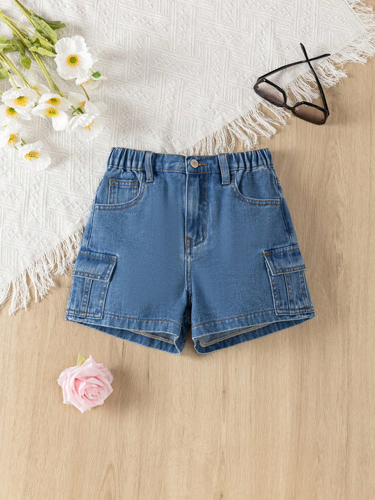 New Arrivals Stylish Casual Cargo Style Denim Shorts For Tween Girls With Washed Treatment