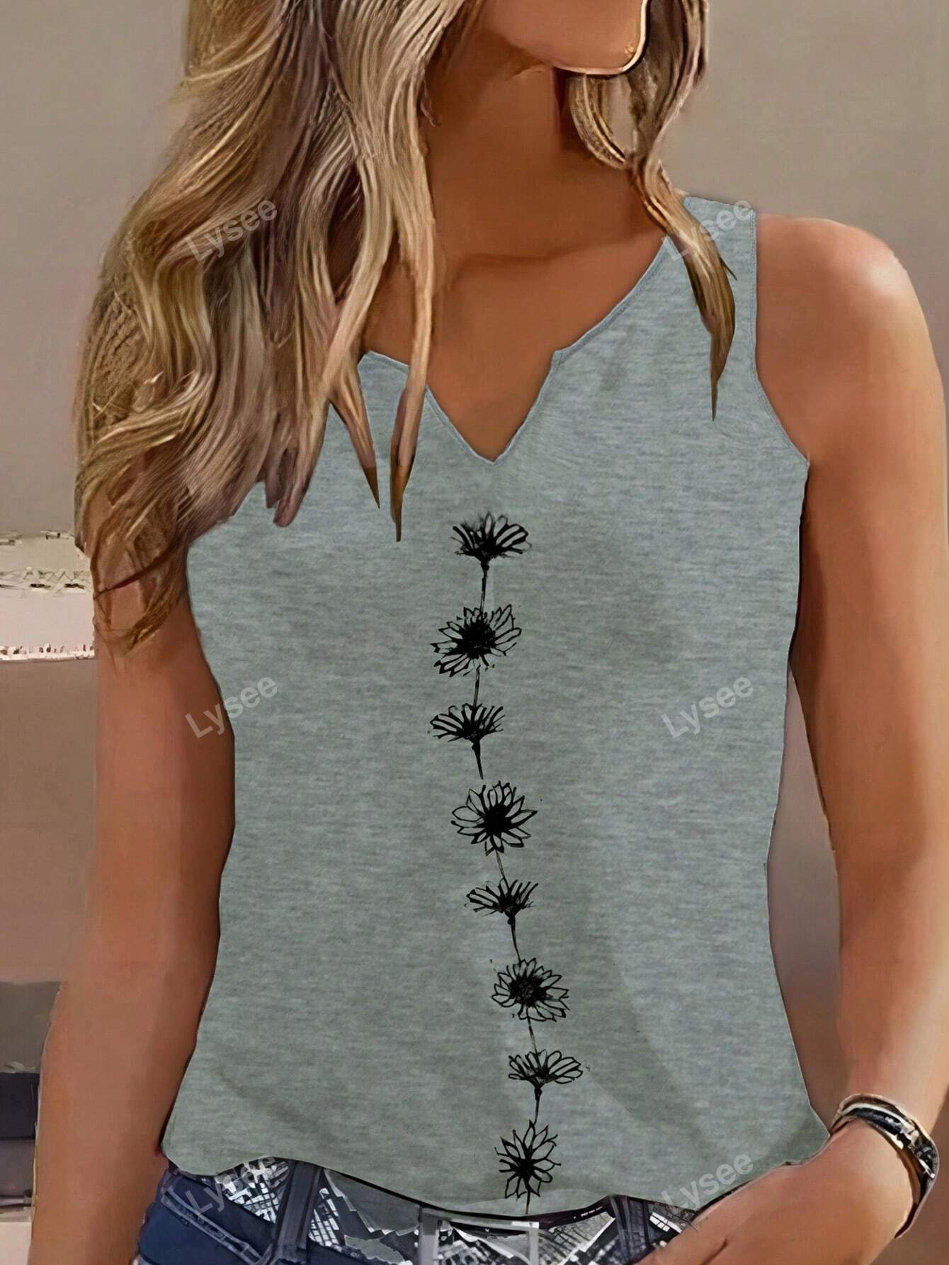 Casual Regular-Fit Notch Neck Floral Print Sleeveless Top