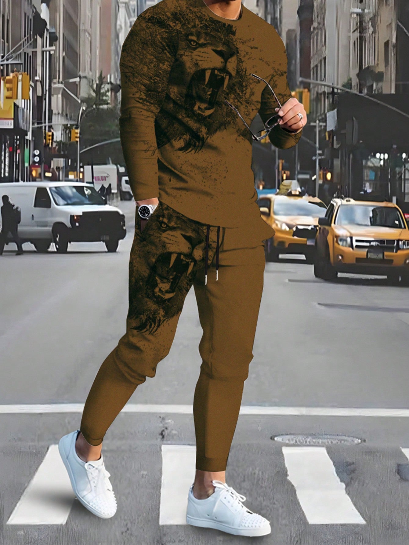 Men's Lion Printed Long Sleeve T-shirt And Pants Set