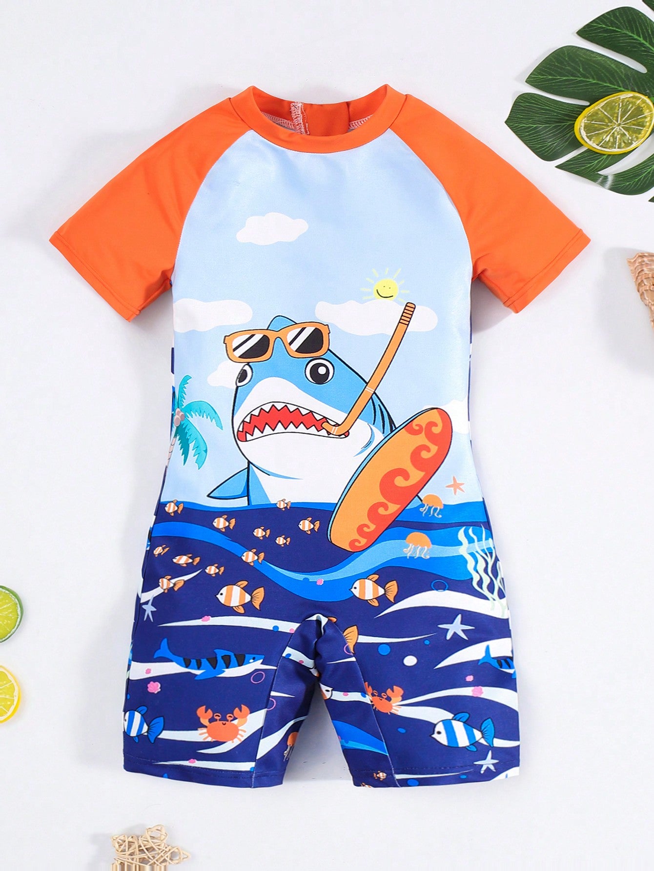 1pc Young Boys' Casual & Comfortable & Fashionable & Practical & All-Matching & Soft & Comfy Shark Print Breathable Swimsuit, Perfect For Holiday In Spring And Summer