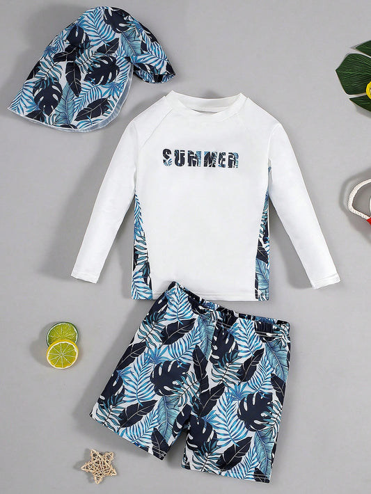 Young Boy 3pcs Casual Comfortable Fashionable And Practical Leisurewear With Soft And Comfy Tropical Plant & Letter Print Long Sleeve Top, Full Tropical Plant Print Shorts And Swim Cap, Suitable For Spring And Summer Vacation