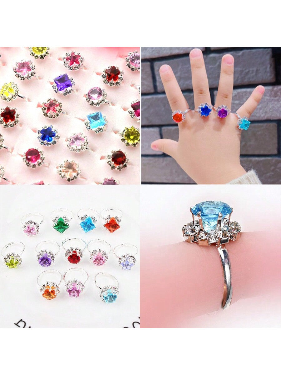 10pcs Kids' Rings Rhinestone Decor Adjustable Open Rings For Girls (Random Color Rhinestone And Design) , Perfect For Birthday Parties Gifts