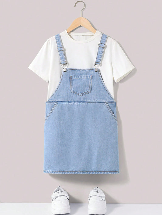 Tween Girl Light Blue Short Denim Overall Dress For Spring And Summer