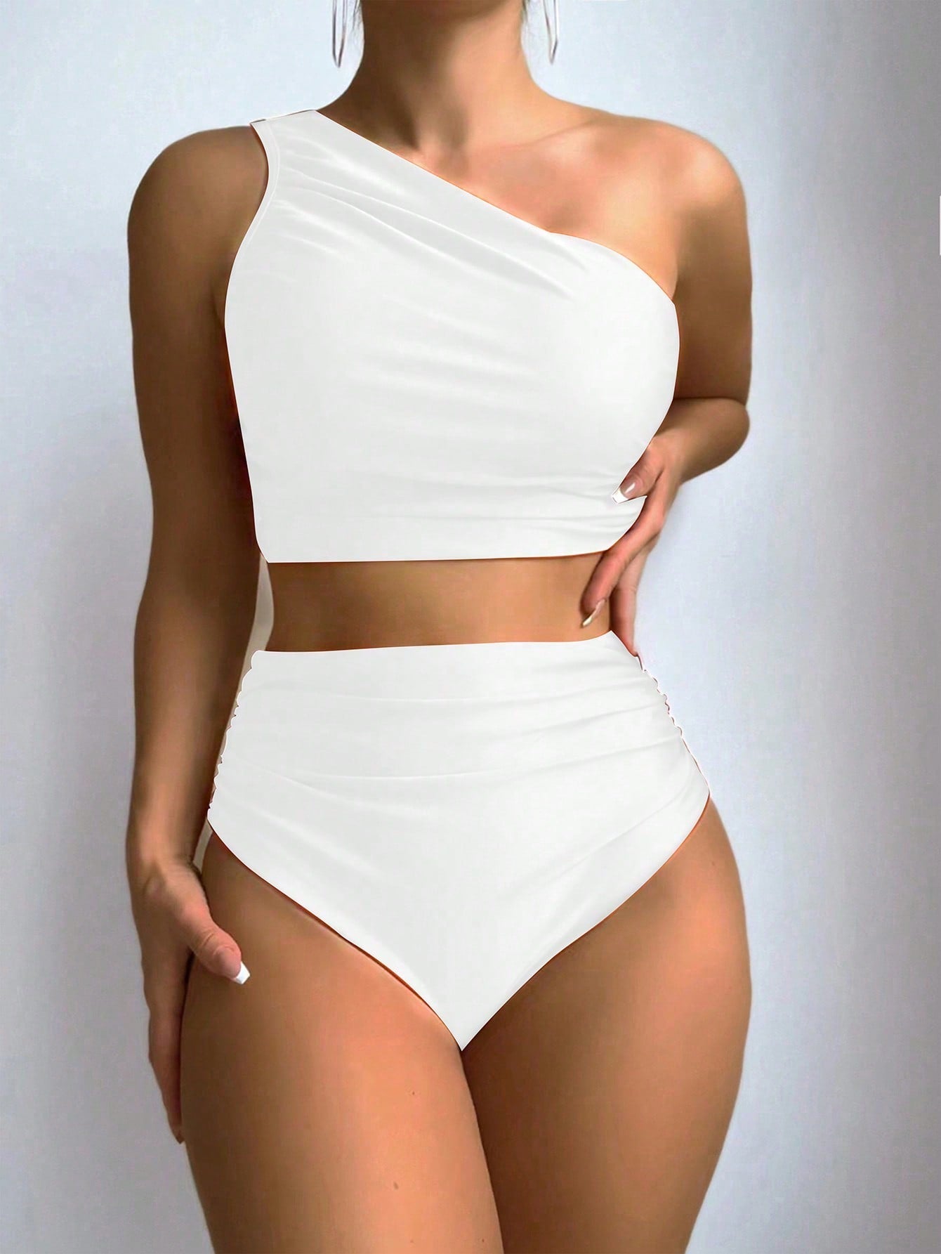 Swim Women's Solid Color One-Shoulder Ruched Bra & Bikini Bottom Casual Bikini Set Bathing Suit