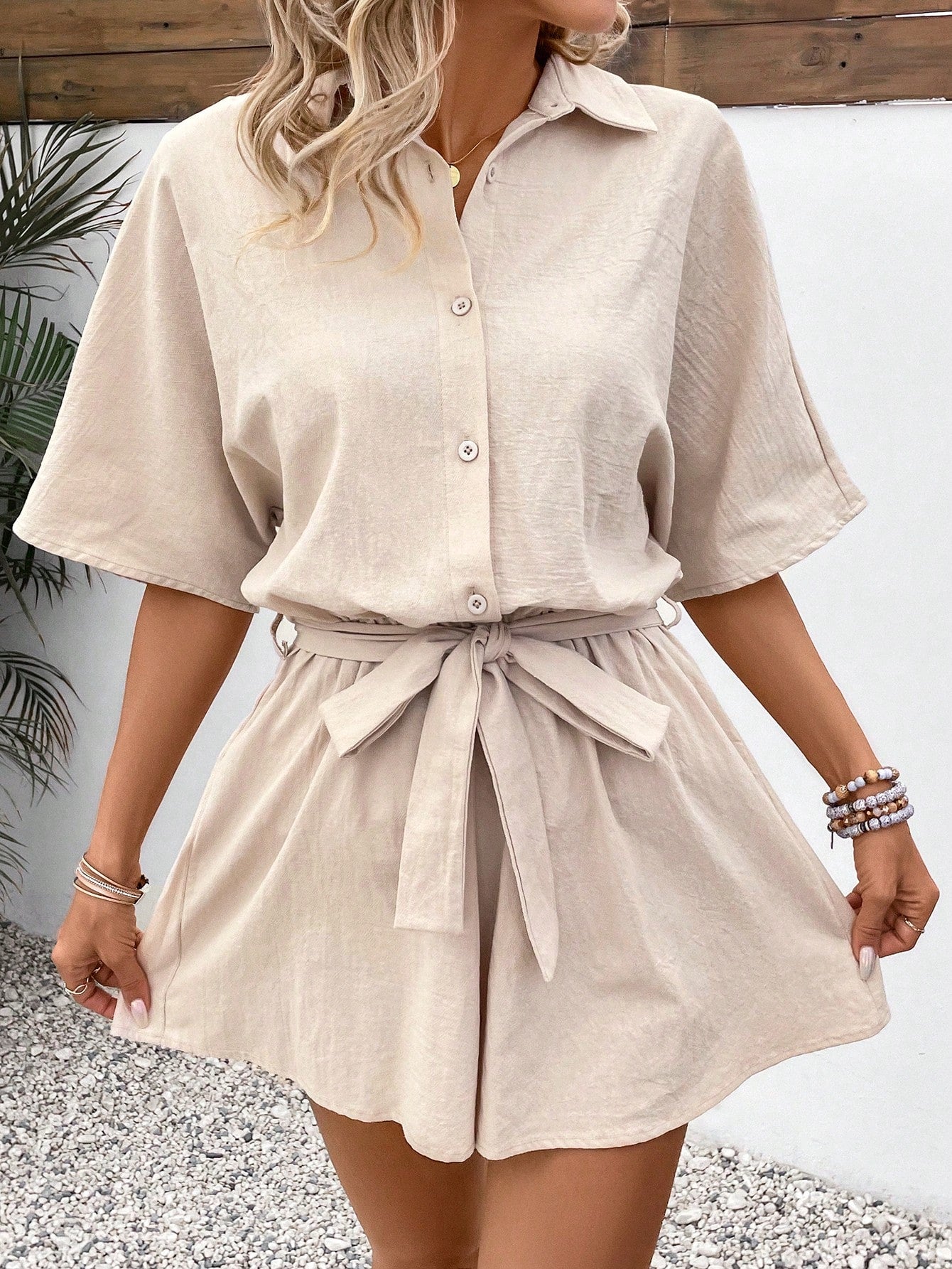 Ladies' Solid Color Front Button Batwing Sleeve Romper