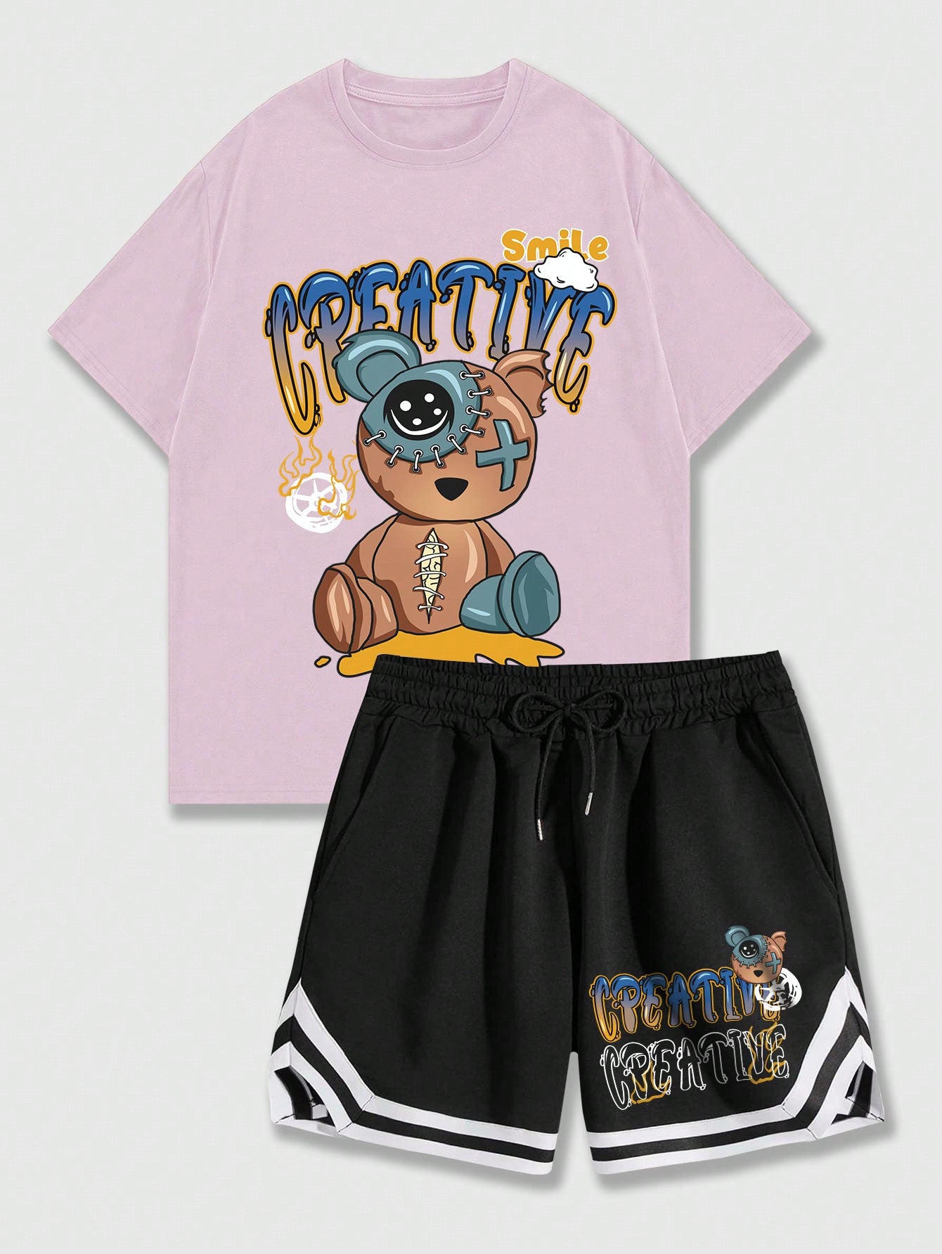 Street Life Men Cartoon Bear & Letter Print T-Shirt With Drawstring Shorts Two-Piece Set