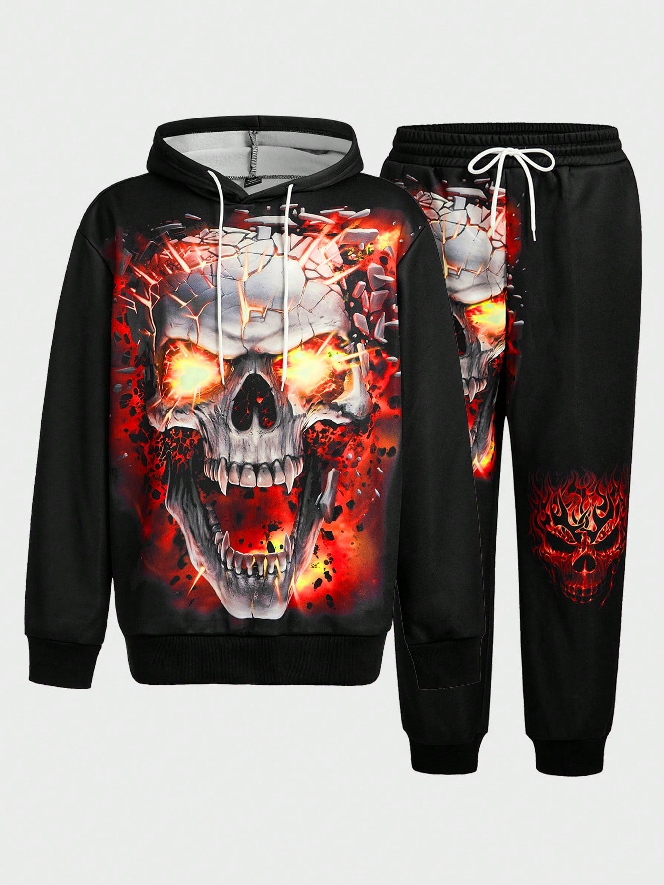 Men's Plus Size Skull Print Hooded Sweatshirt And Sweatpants Set With Drawstring