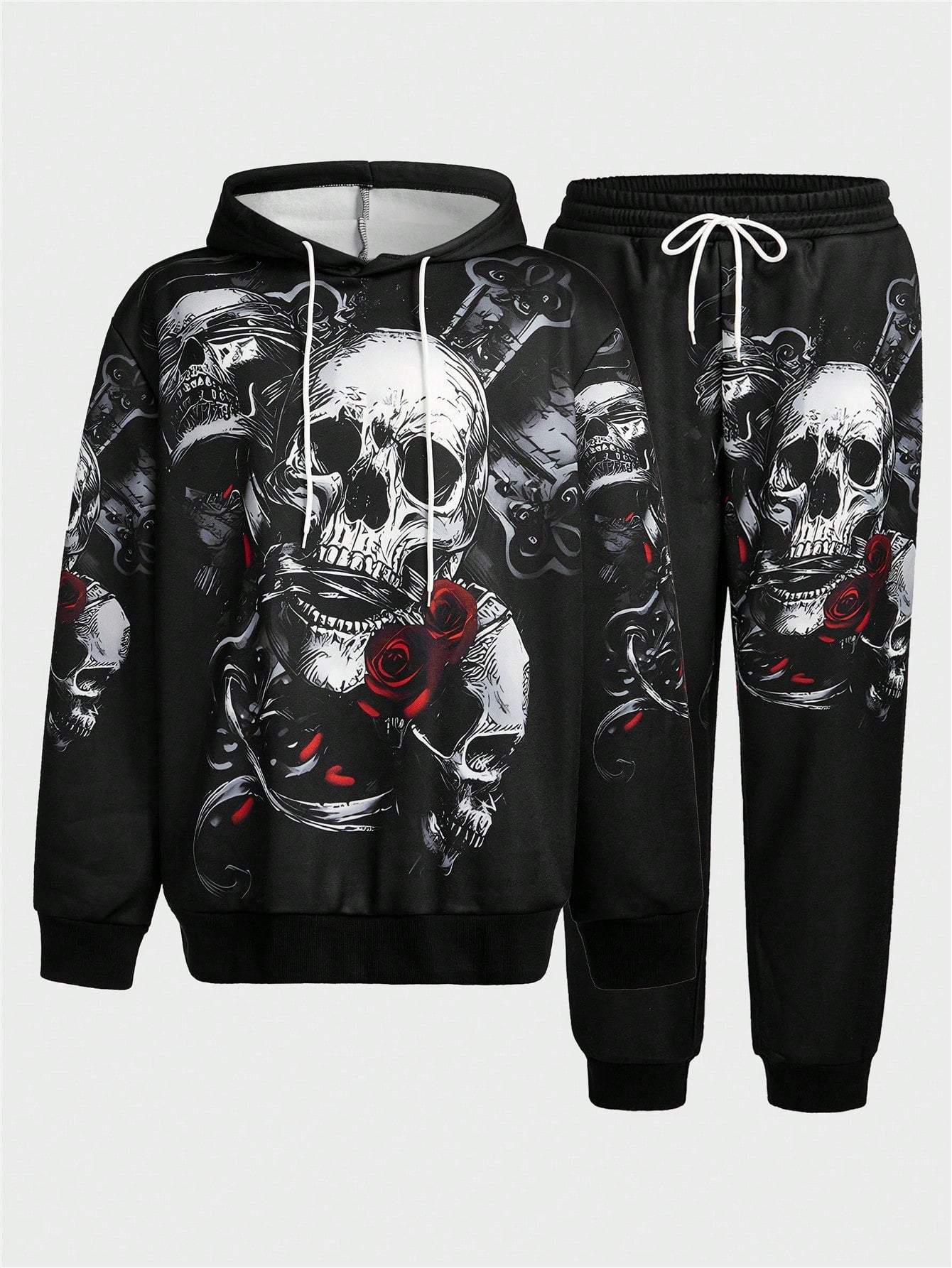 Men's Plus Size Skull Print Hooded Long Sleeve Sweatshirt And Sweatpants Set