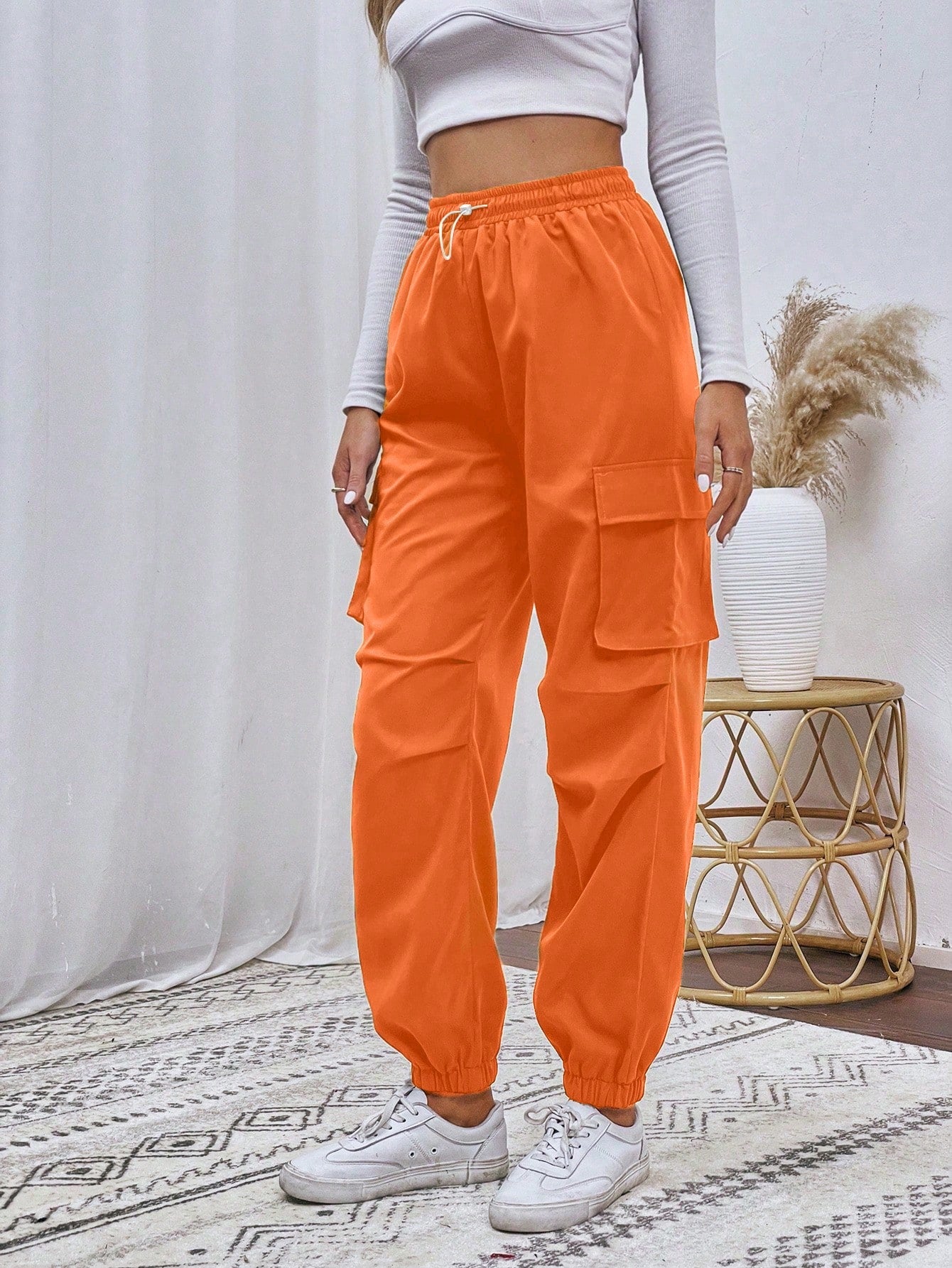 Flap Pocket Drawstring Waist Cargo Pants