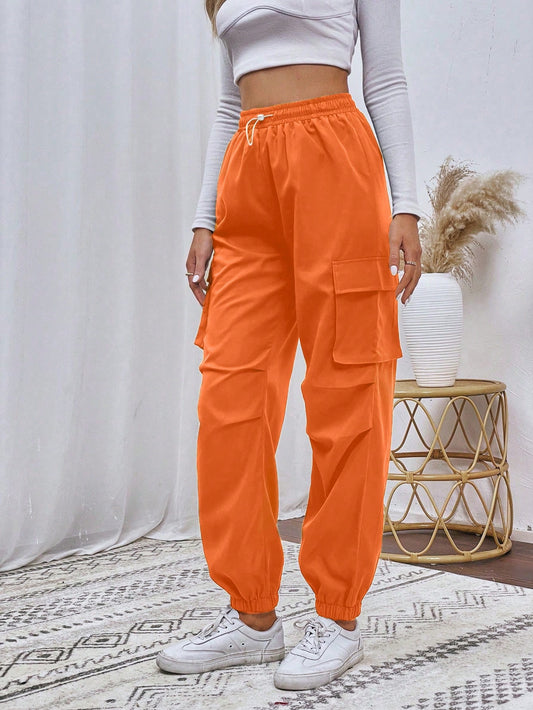 Drawstring Waist Cargo Long Pants