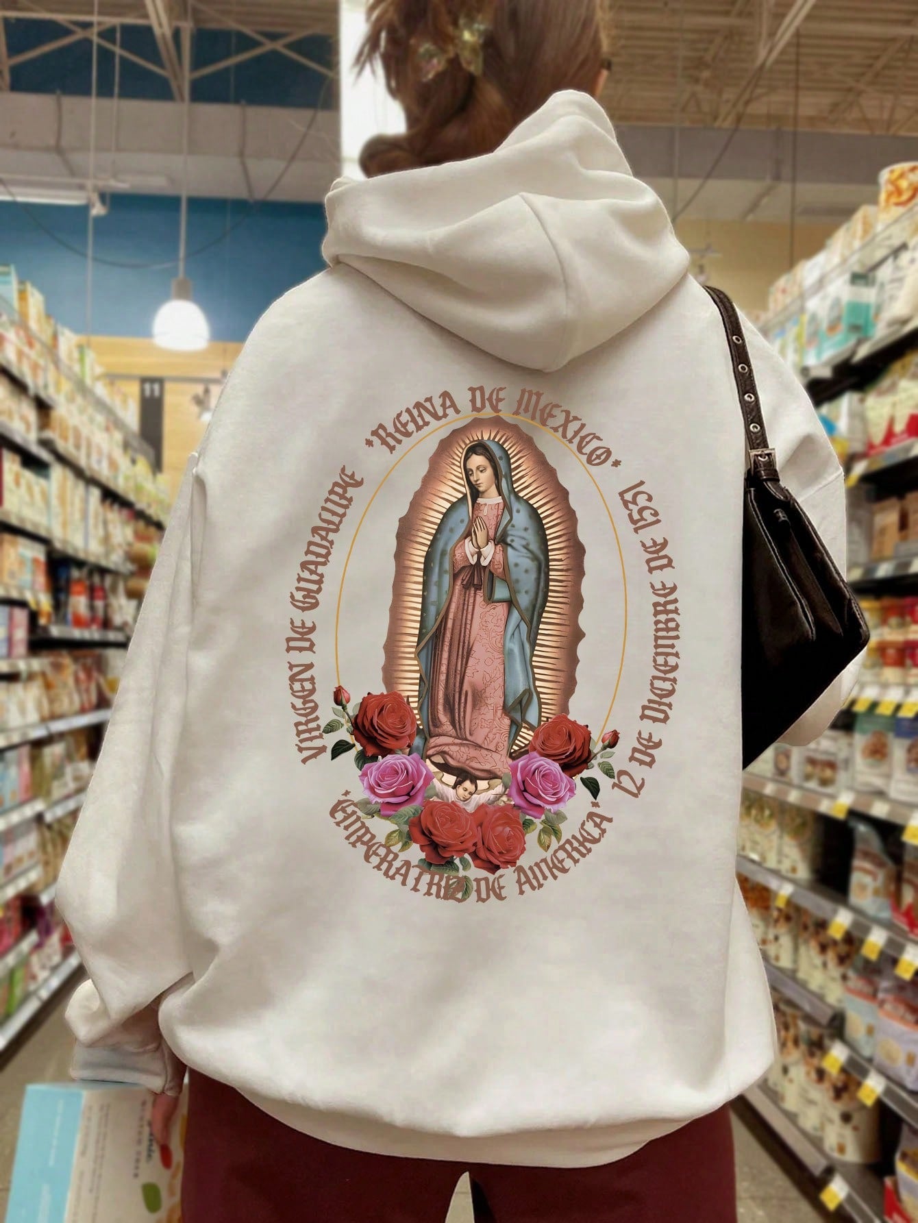 Women's Printed Hoodie With Virgin Mary Back Design