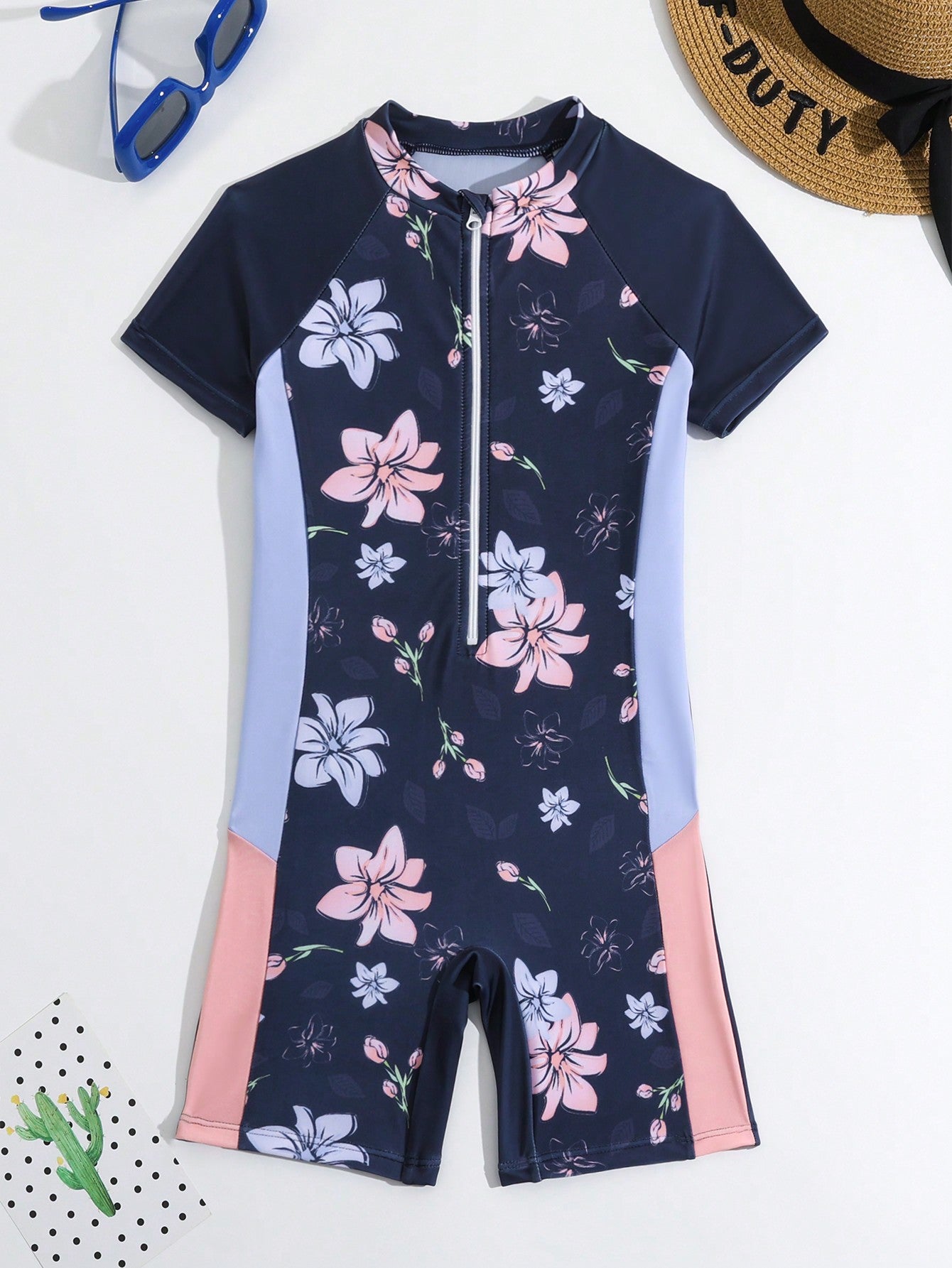 Young Girl Tropical Printed Zipper Front One-Piece Swimsuit