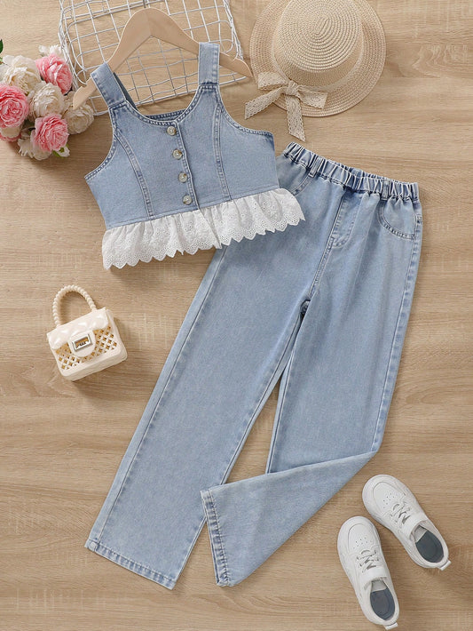 Tween Girls' Casual Vacation Light Blue Washed Denim Lace Trim Spaghetti Strap Top And Elastic Waist Wide Leg Jeans Set