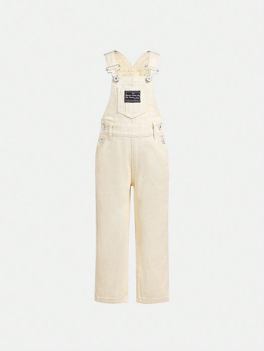 Young Girls' Basic Patched Detail Pocket Front Denim Overall Pants, College Casual Style