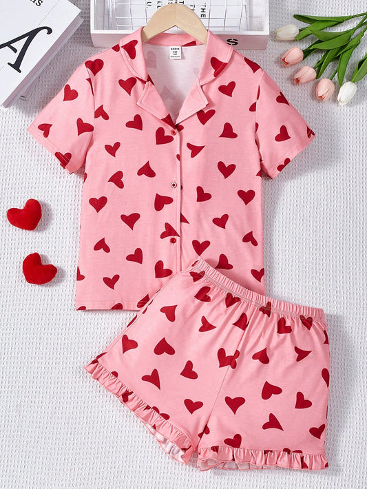 Young Girl Sweet Heart Patterned Cardigan Short Sleeve Top And Shorts Knitted Comfortable Casual Home Wear Pajamas Set, 2pcs