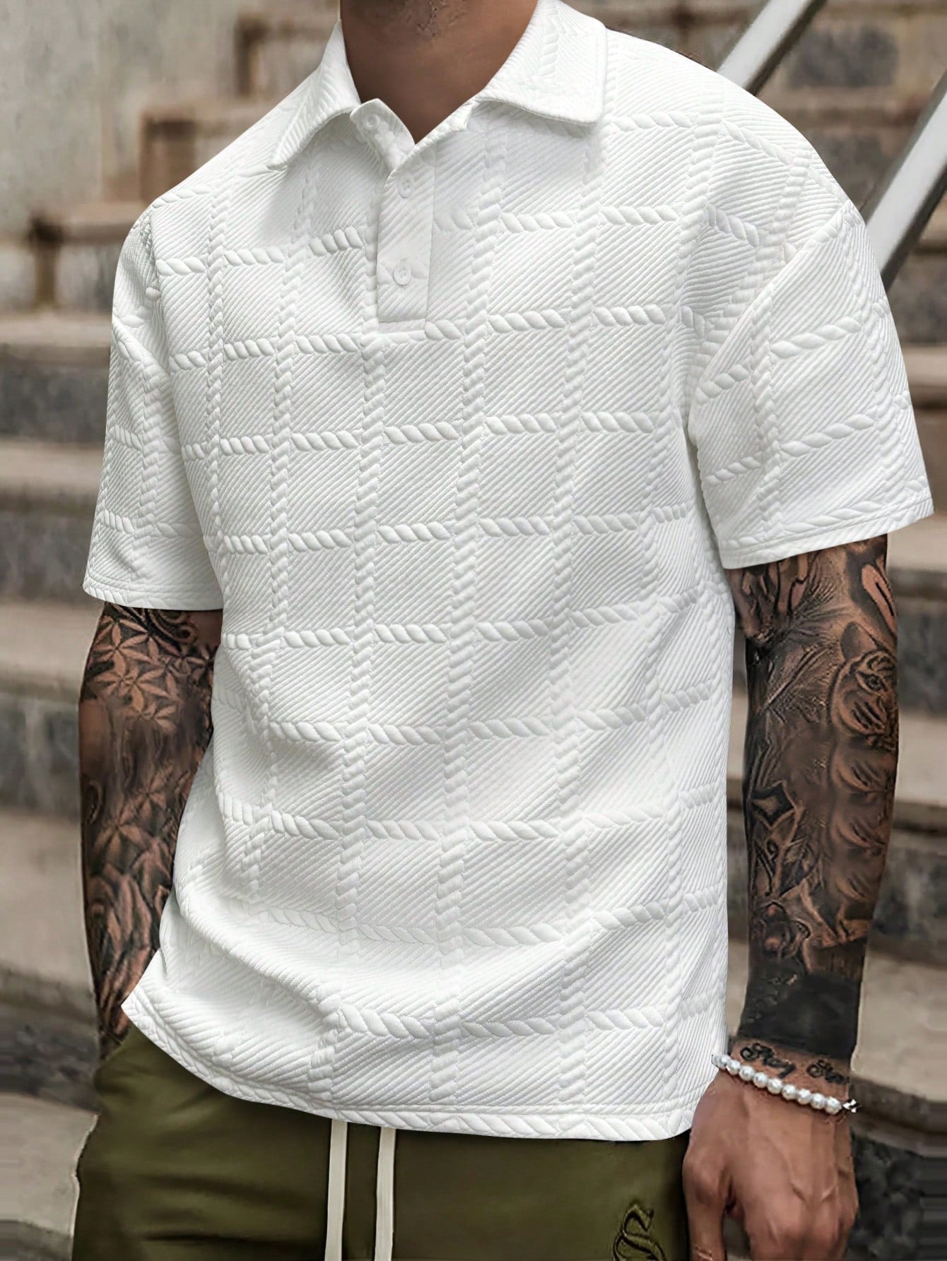 Men's Solid Color Short Sleeve Polo Shirt, Button Up Collar Plain White Work Shirt For Boyfriend Gift