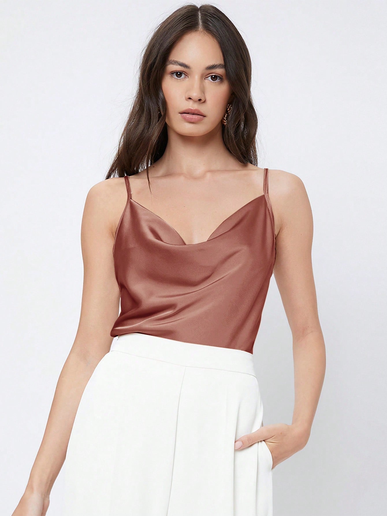 Solid Color Satin Draped-Neck Women's Cami Top, Suitable For Office Work Wear