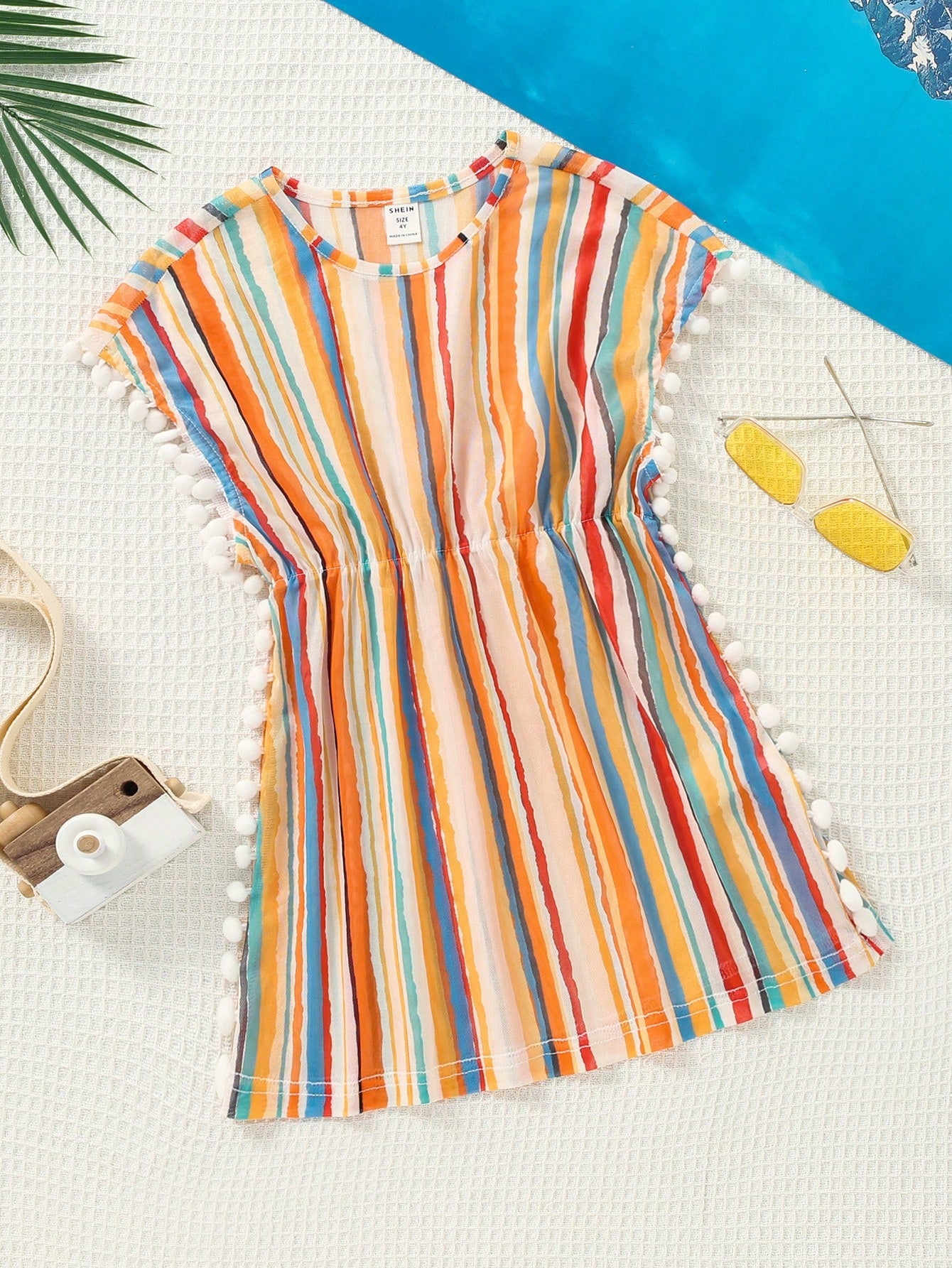 Young Girl's Casual Spring/Summer Short Sleeve Woven Striped Cover-Up