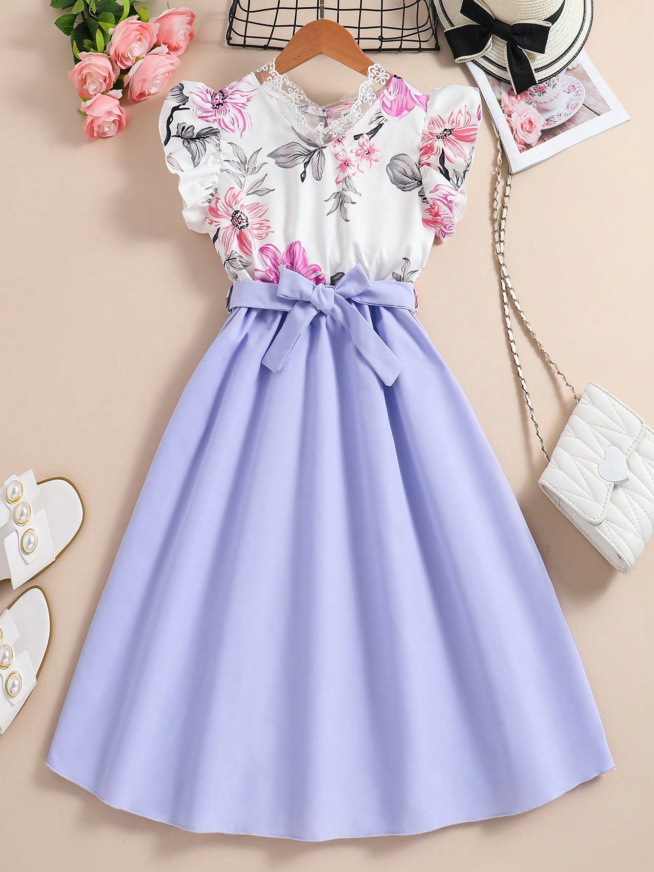 Tween Girl Floral Print Ruffle Trim Belted Dress