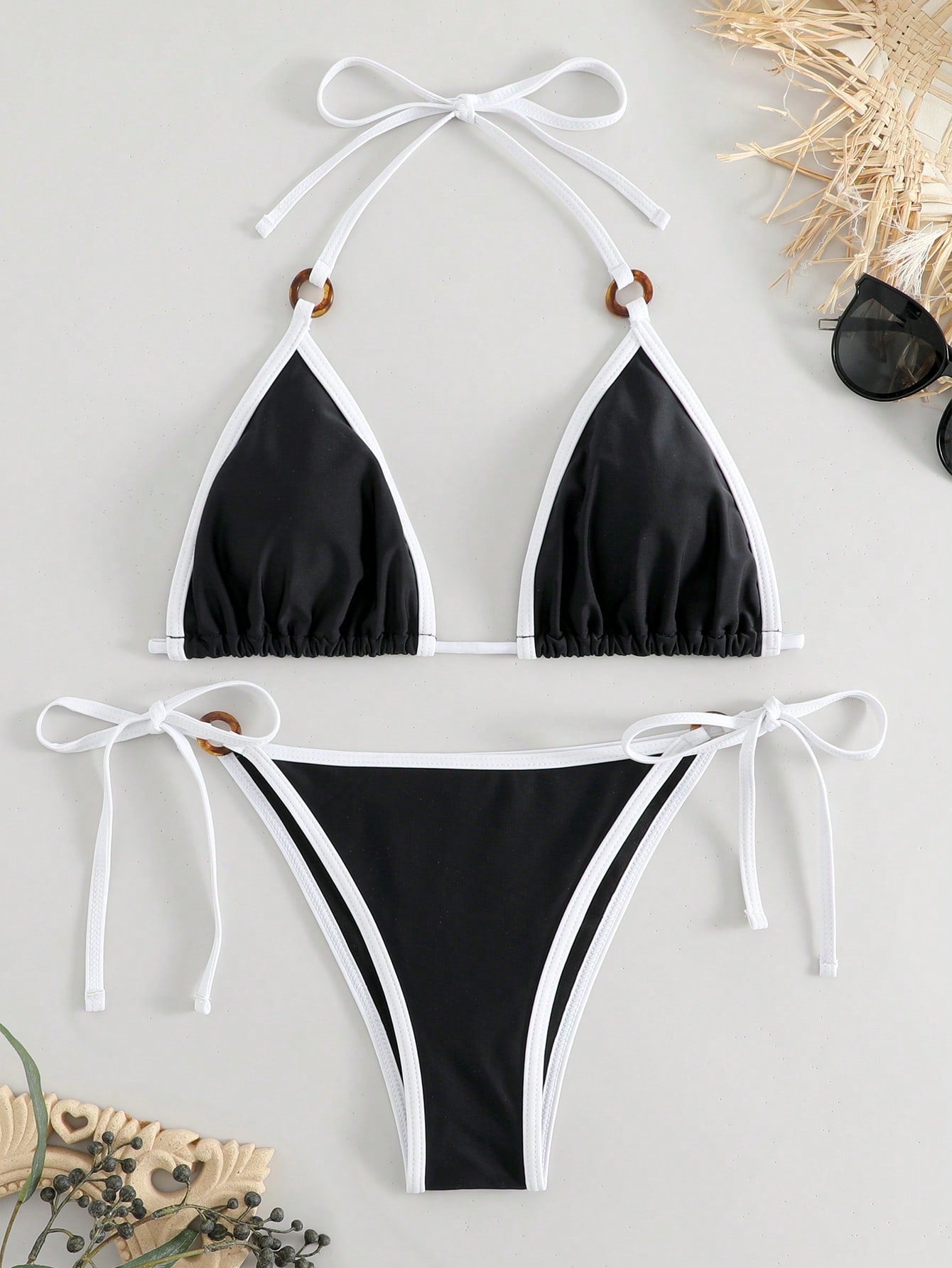 Swim Summer Beach Ladies' Solid Color Bikini Set With Trim Details - Halter Triangle Bralette And Side Tie Bottom Bikini