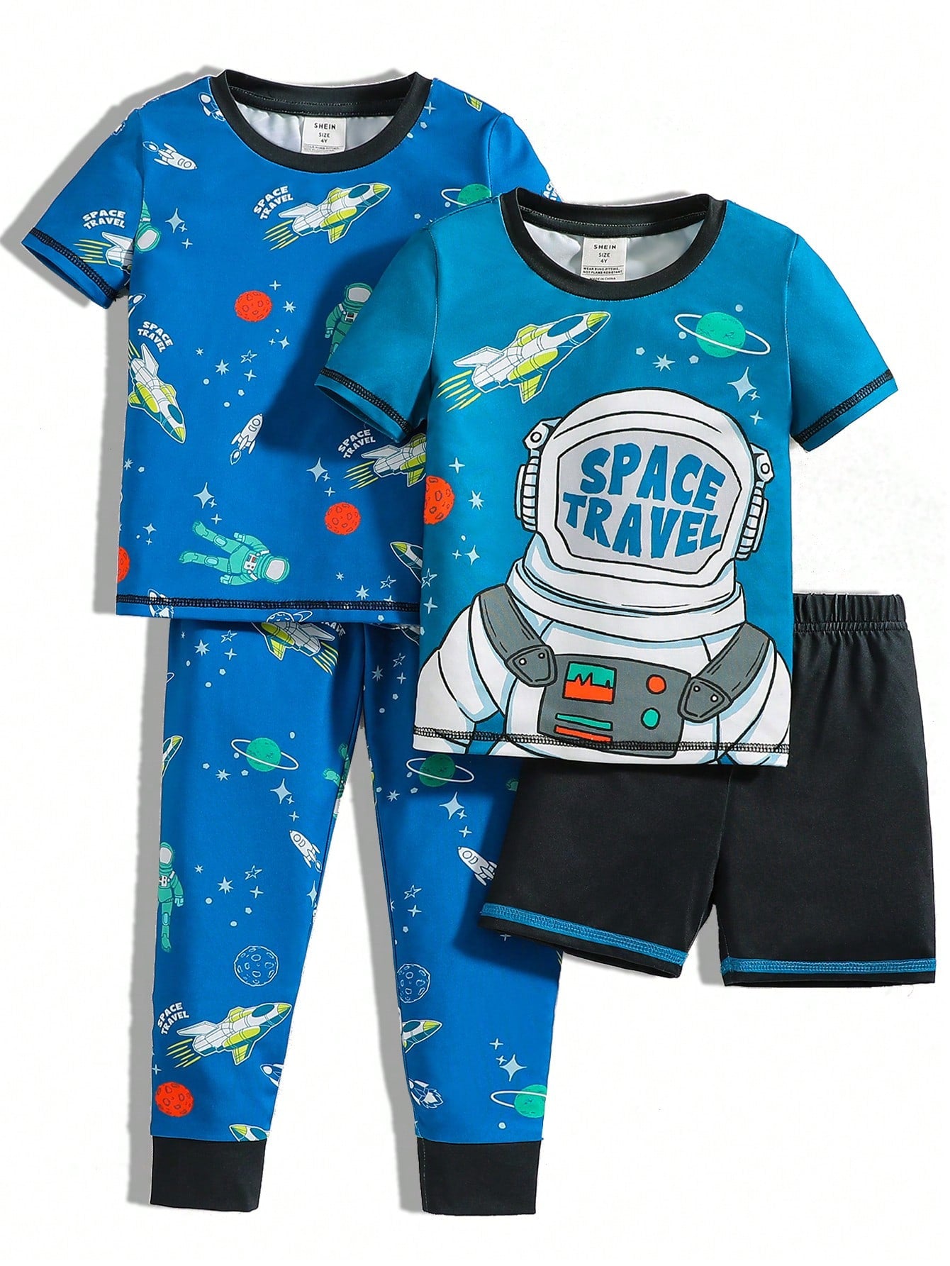 4pcs/Set Young Boys' Comfortable And Fashionable Space & Astronaut Patterned Short Sleeve And Shorts/Pants Snug Fit Pajama Set For Spring, Summer And Autumn