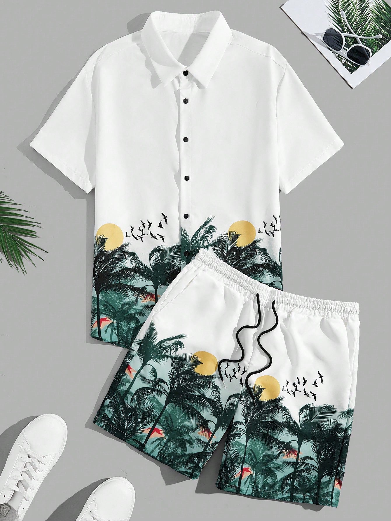 Men's Plus Size Tropical Print Short Sleeve Shirt And Drawstring Waist Shorts Set