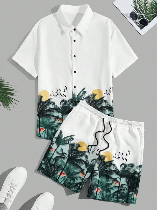 Men's Plus Size Tropical Print Short Sleeve Shirt And Drawstring Waist Shorts Set