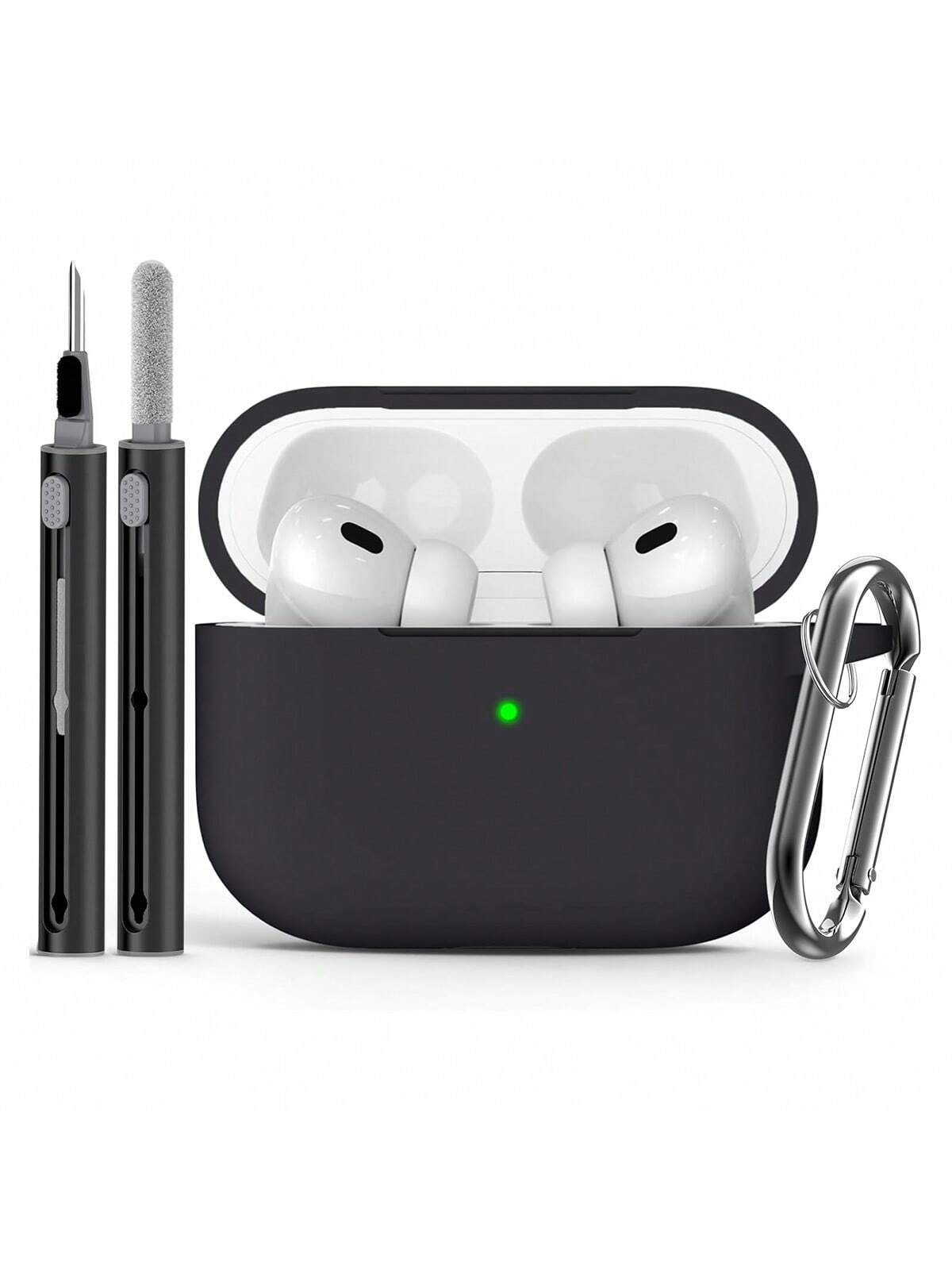 1pc Solid Color Silicone AirPods Protective Case With Carabiner And Cleaning Pen