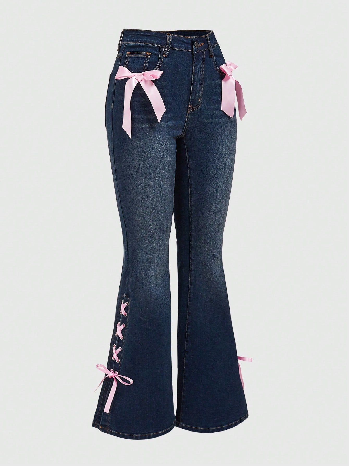 Women's Flared Jeans With Blue Bow Decoration