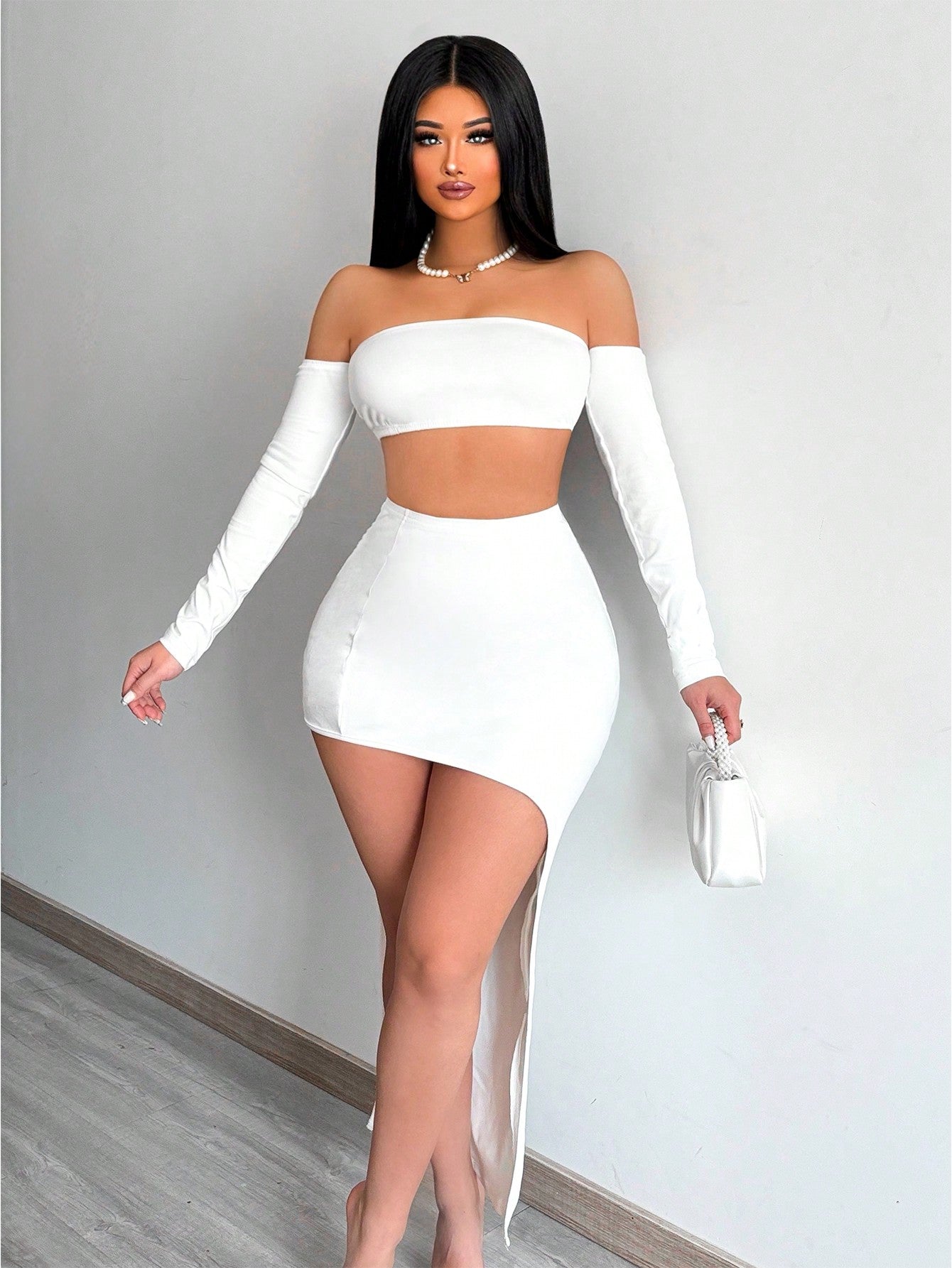 Womens Off-The-Shoulder Top And Irregular Bodycon Skirt Set