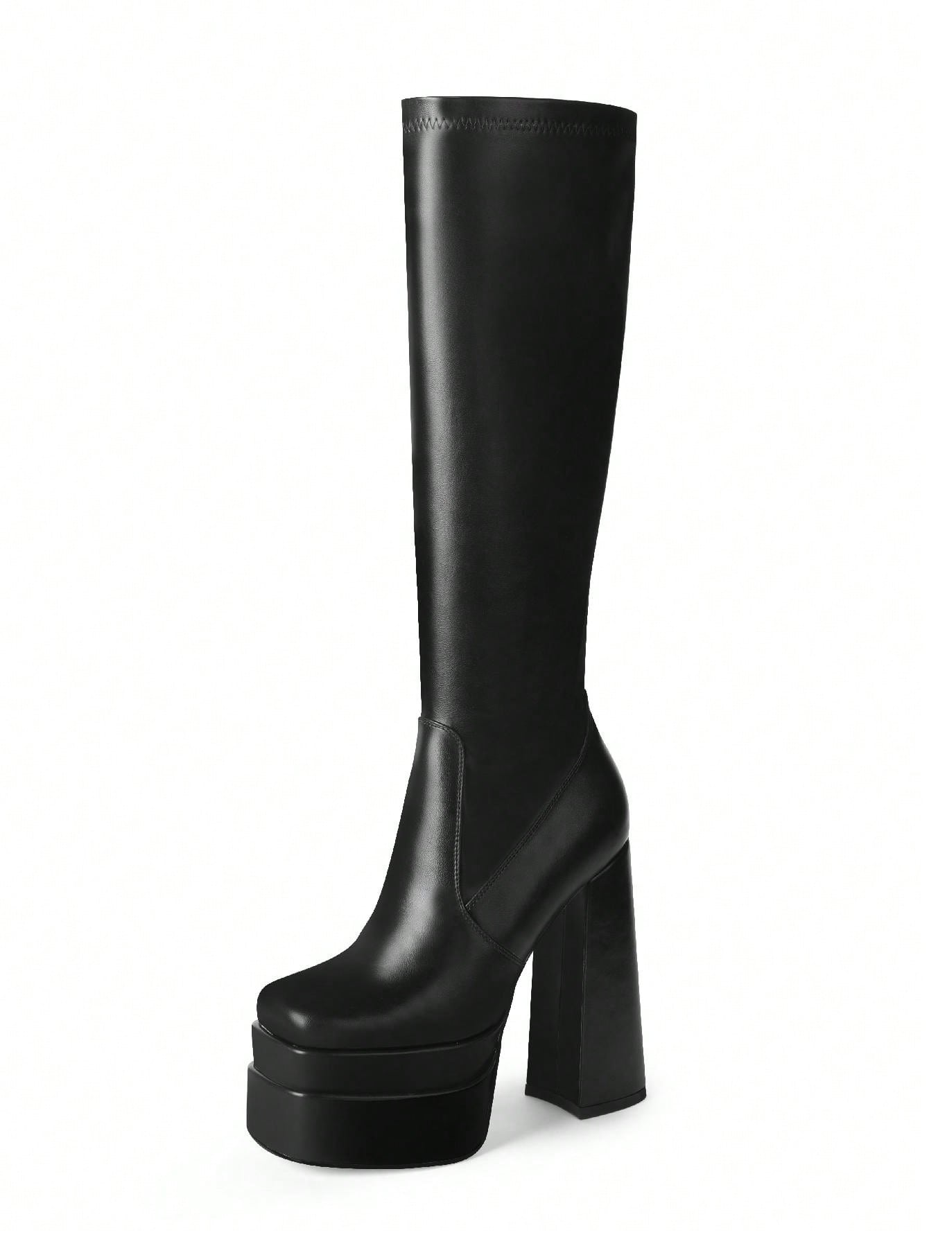 WETKISS Stacked Platform Knee High Boots For Women With High Chunky Heel, Gogo Boots For Women With Square Toe Side Zipper Stretch Boot