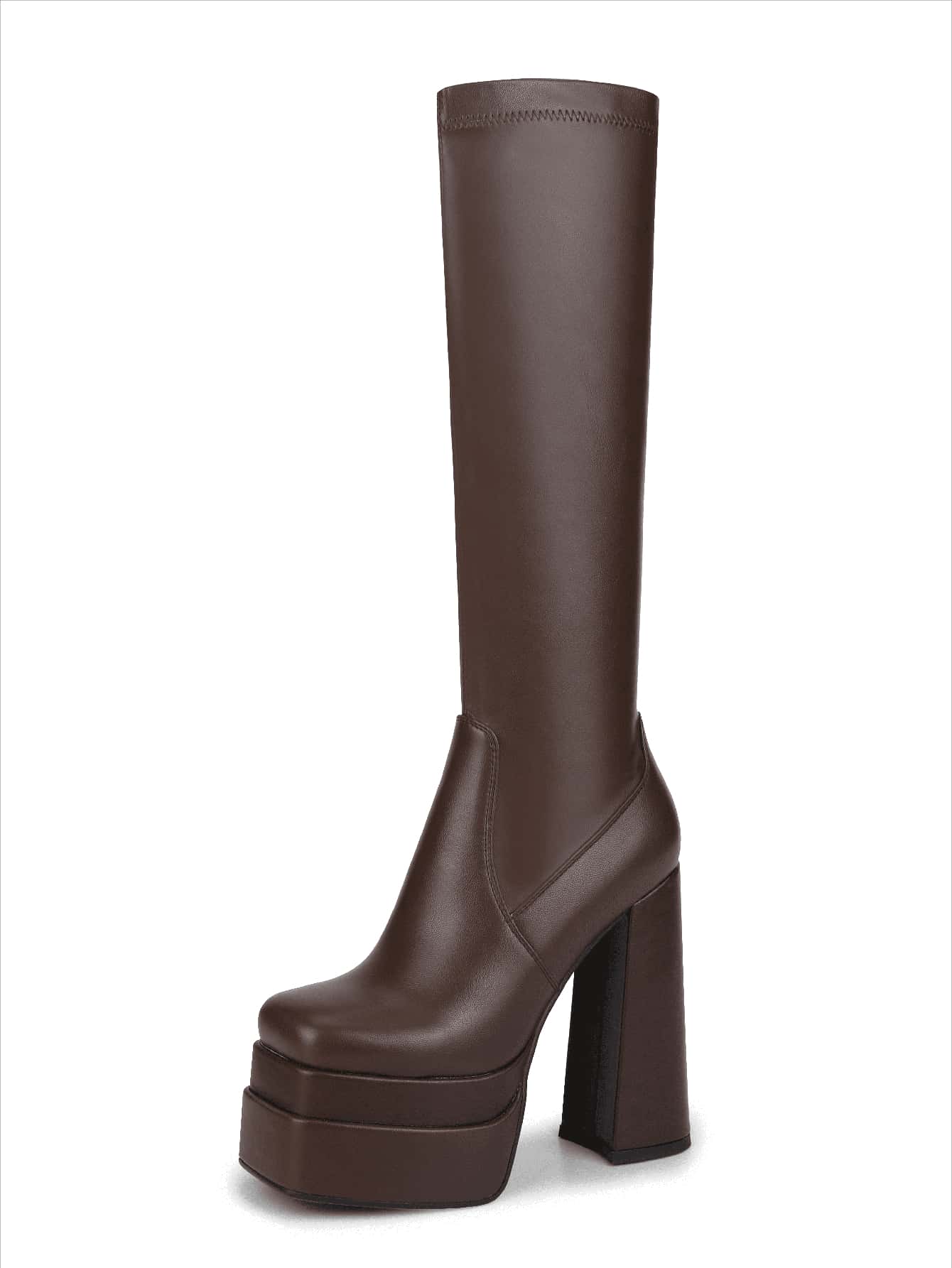 WETKISS Stacked Platform Knee High Boots For Women With High Chunky Heel, Gogo Boots For Women With Square Toe Side Zipper Stretch Boot